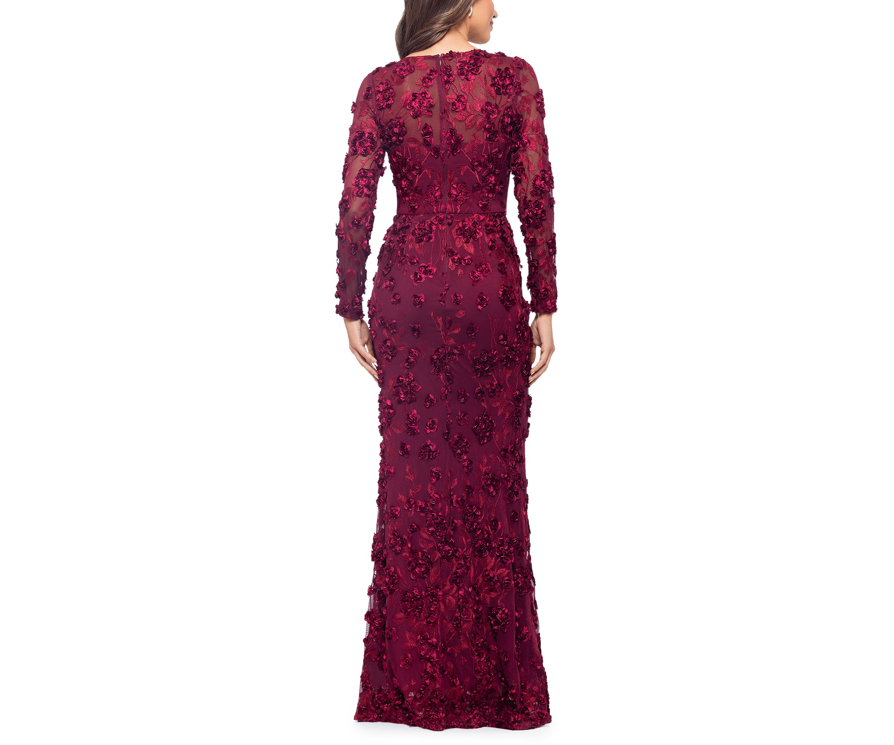 Womens Long Sleeve Fit and Flare Appliqué Gown