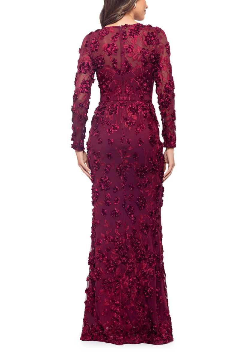 Womens Long Sleeve Fit and Flare Appliqué Gown