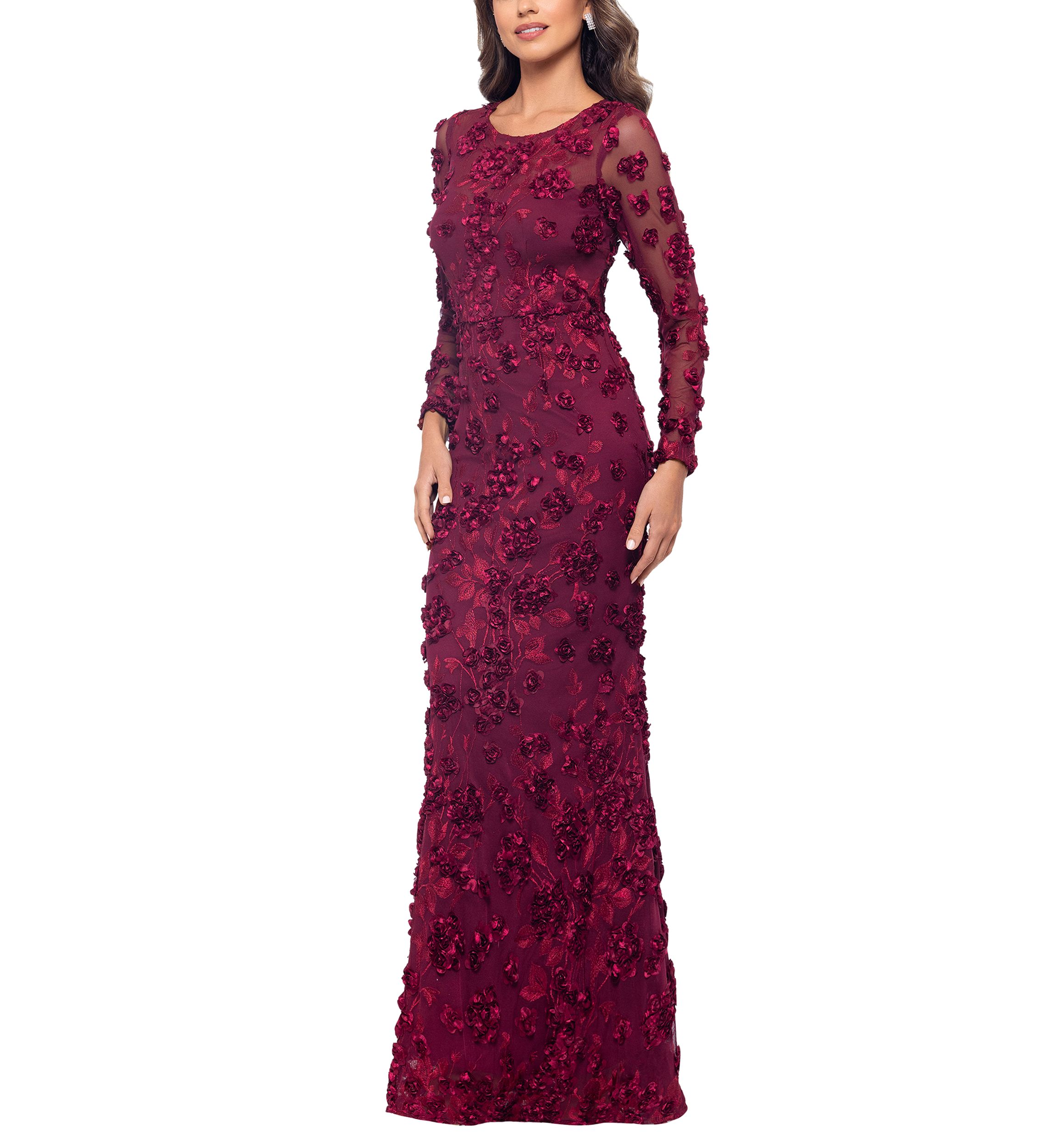 Womens Long Sleeve Fit and Flare Appliqué Gown