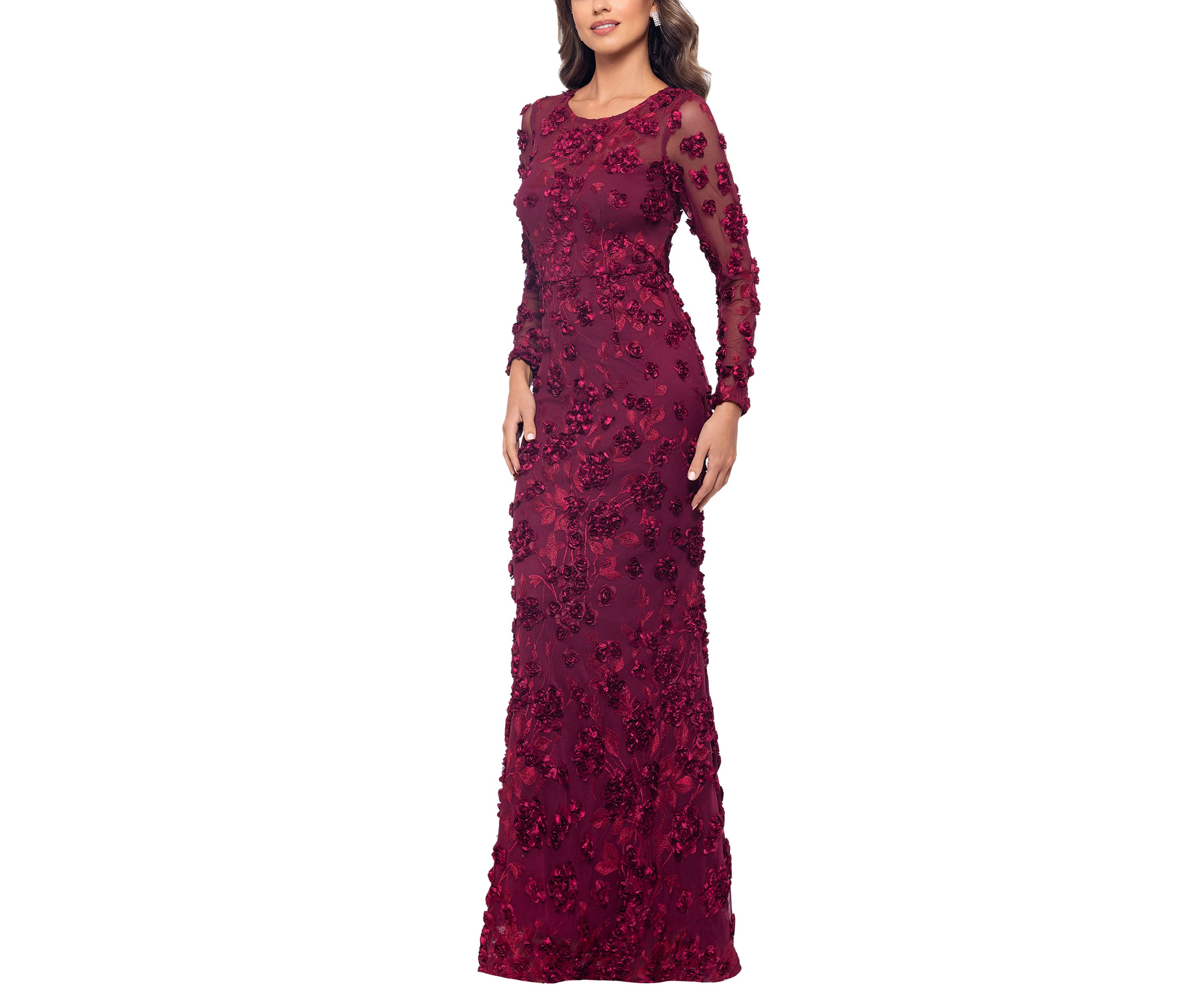 Womens Long Sleeve Fit and Flare Appliqué Gown