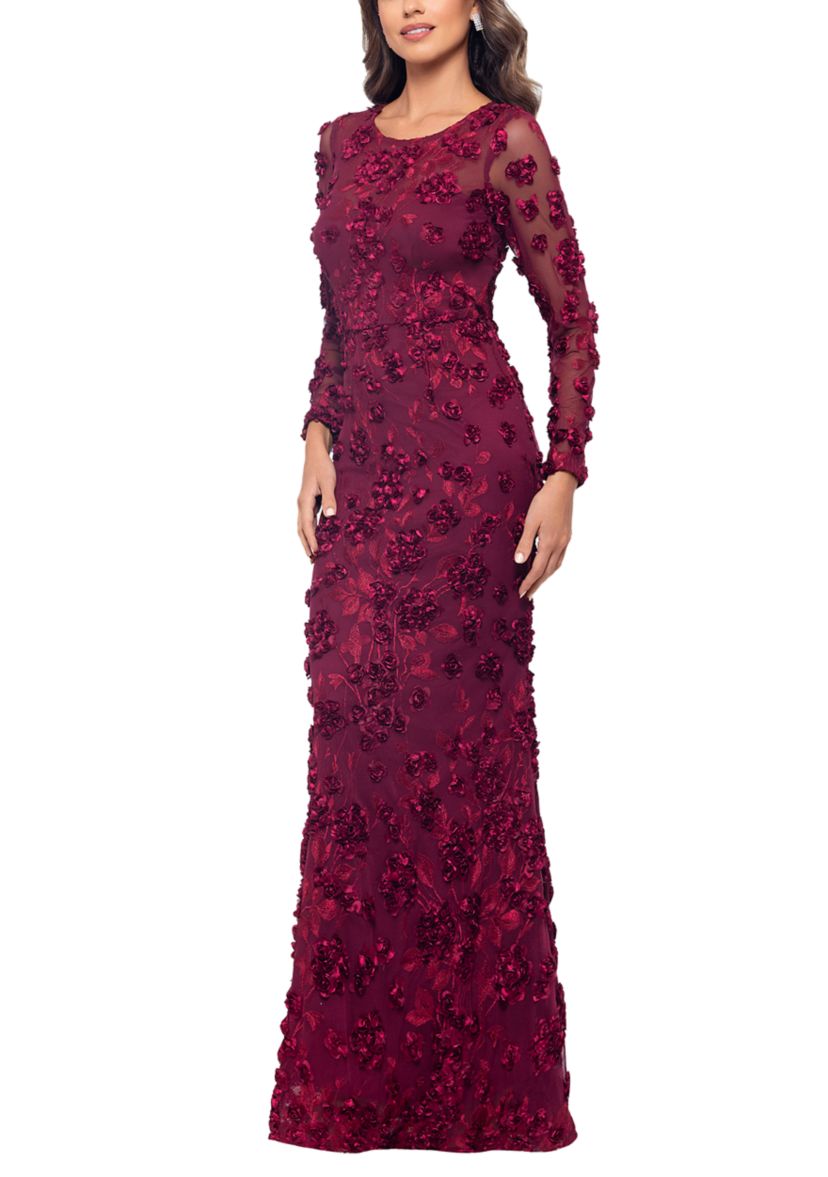 Womens Long Sleeve Fit and Flare Appliqué Gown