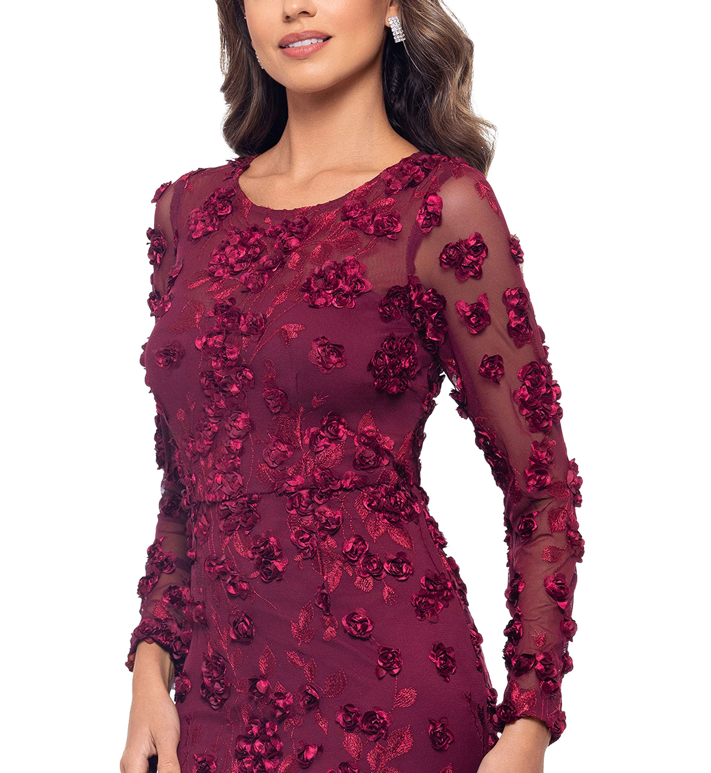 Womens Long Sleeve Fit and Flare Appliqué Gown