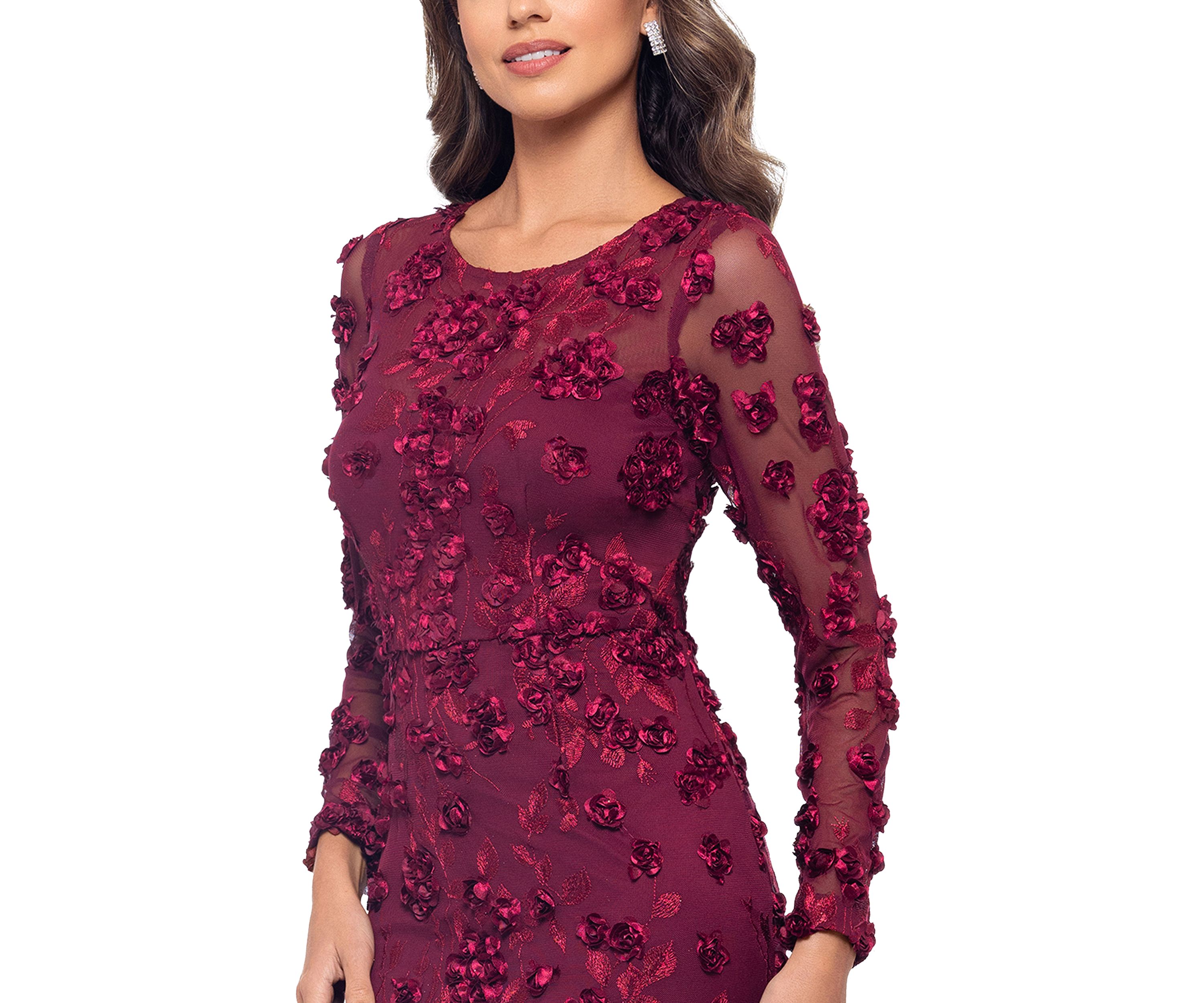 Womens Long Sleeve Fit and Flare Appliqué Gown