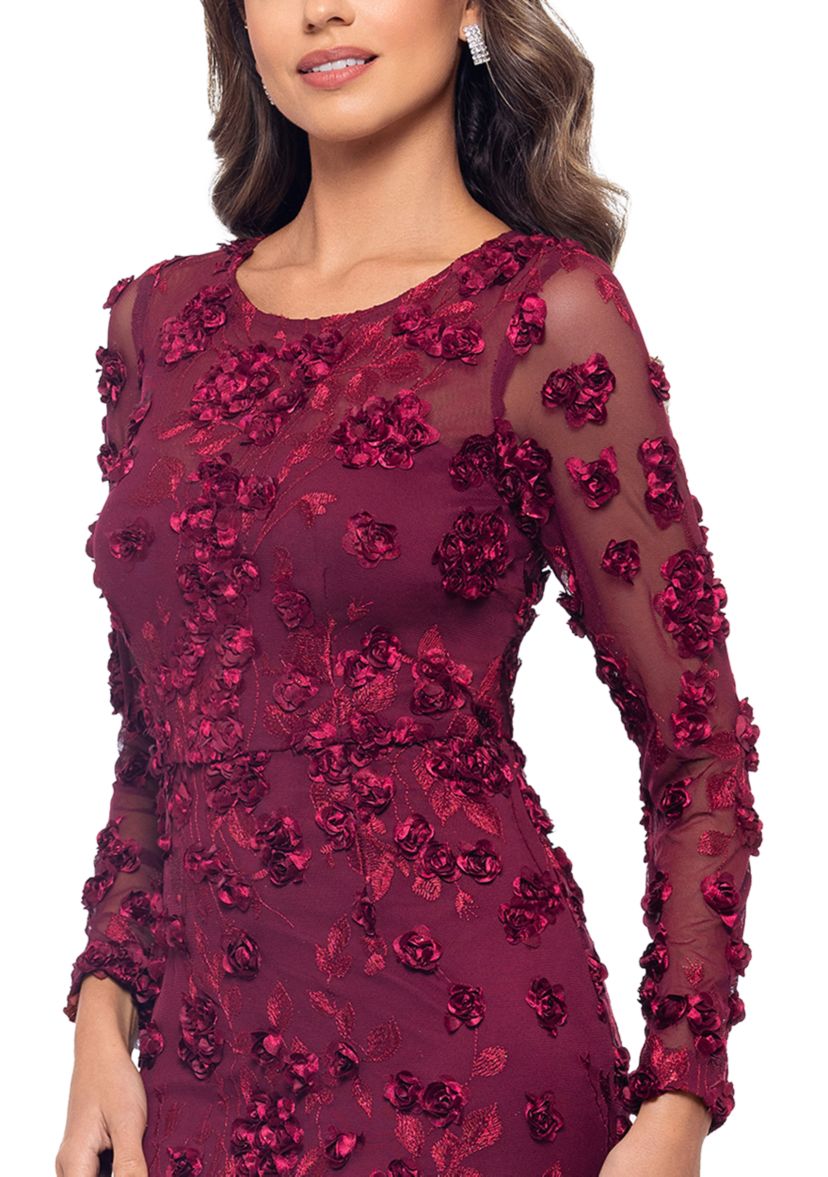 Womens Long Sleeve Fit and Flare Appliqué Gown