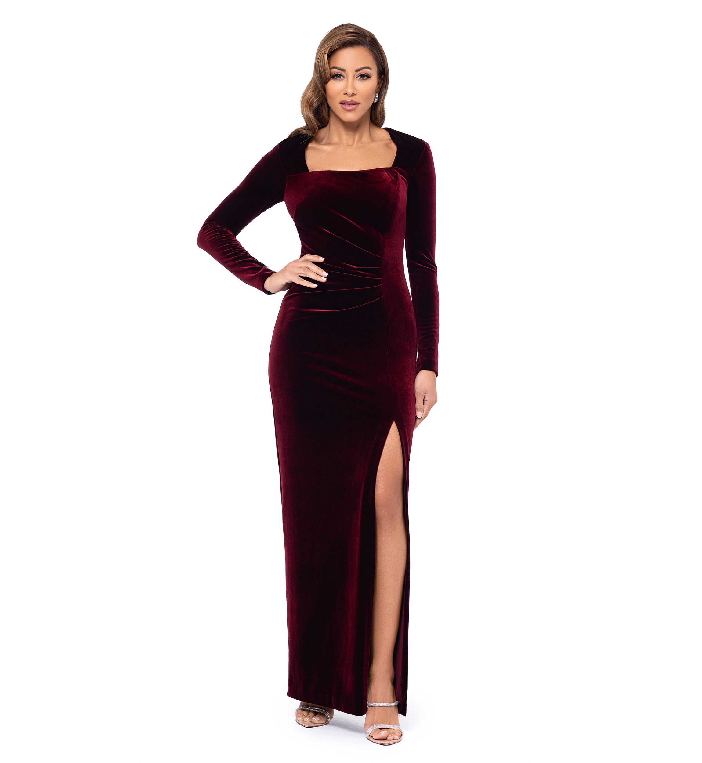 Womens Square Neck Solid Side Scrunch Slit Gown