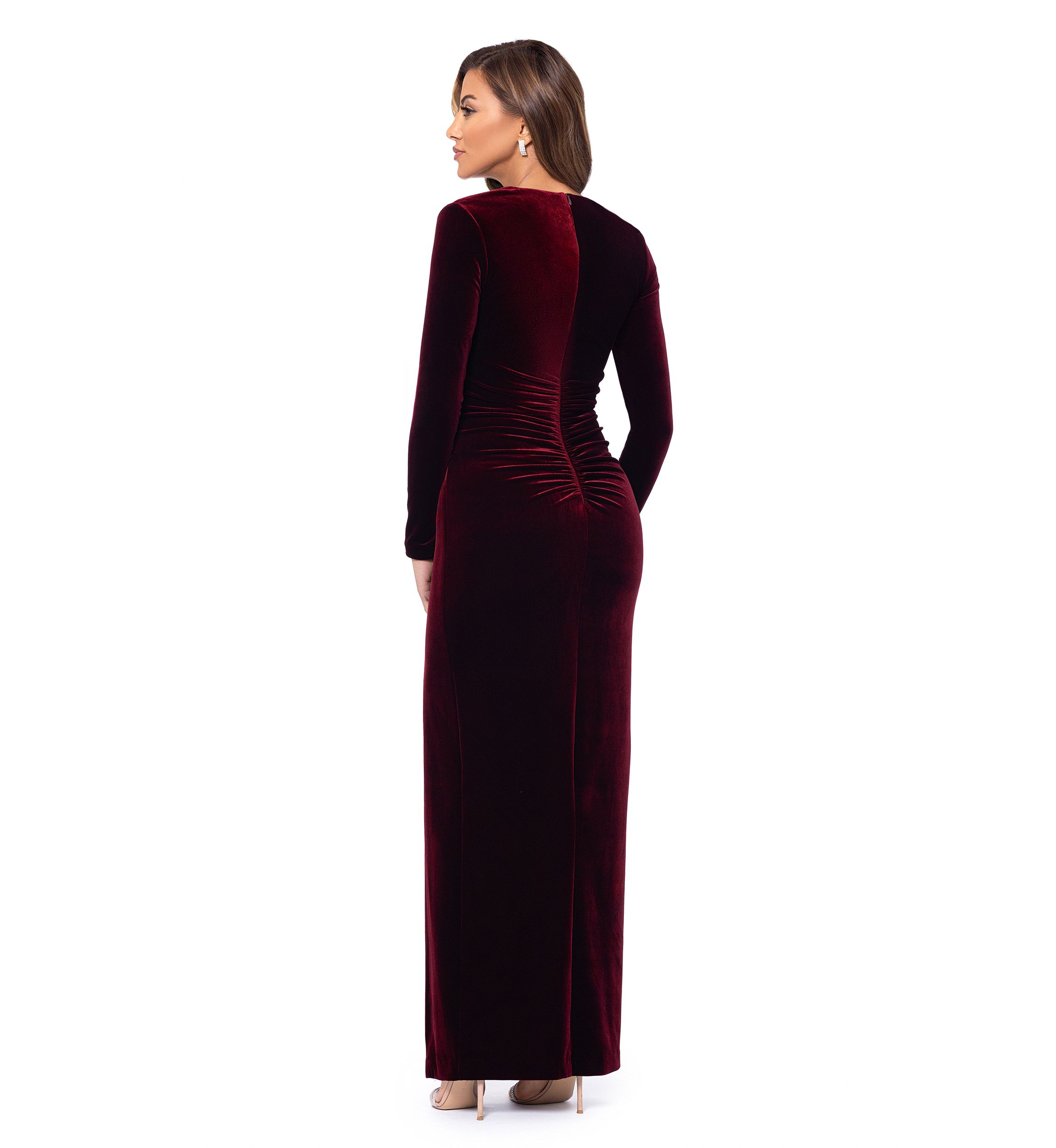 Womens Square Neck Solid Side Scrunch Slit Gown