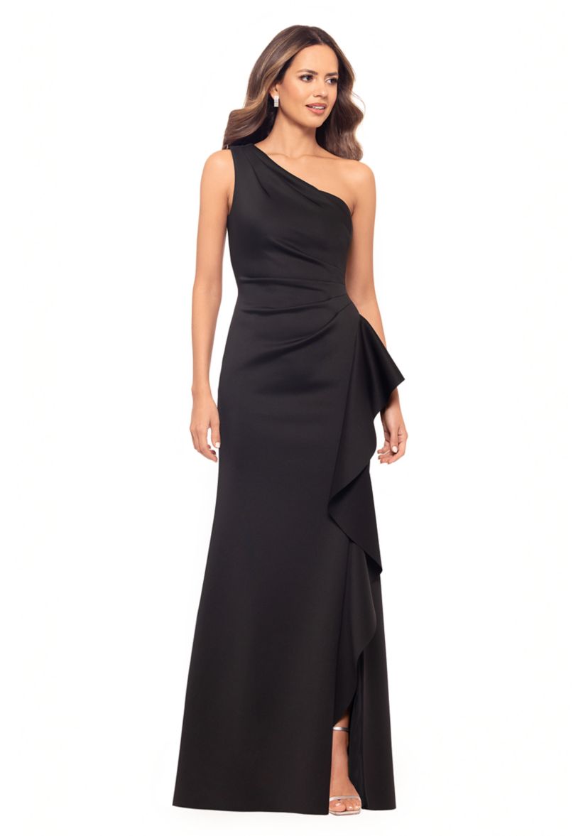 Womens One Shoulder Side Ruffle Gown 