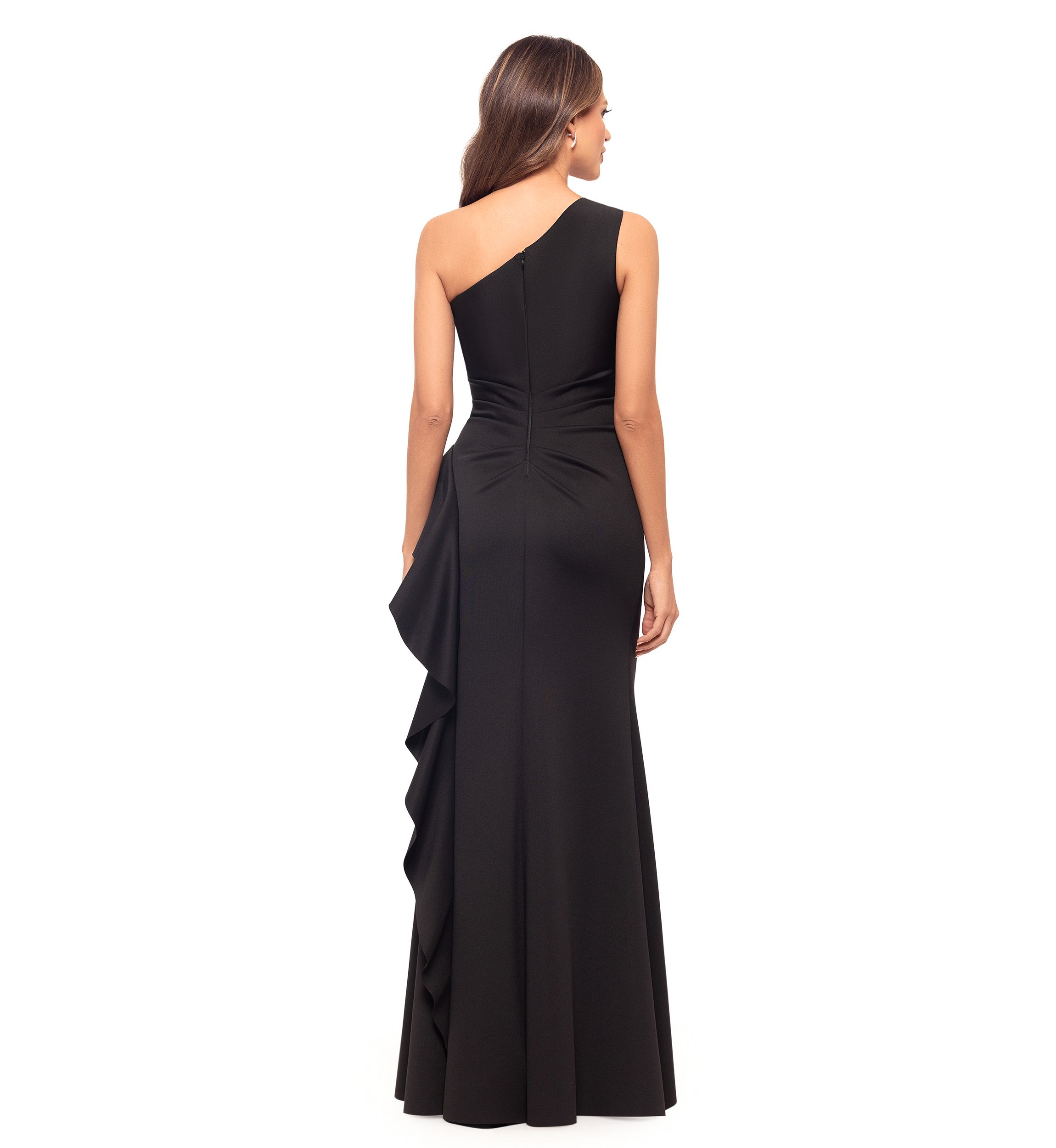 Womens One Shoulder Side Ruffle Gown 