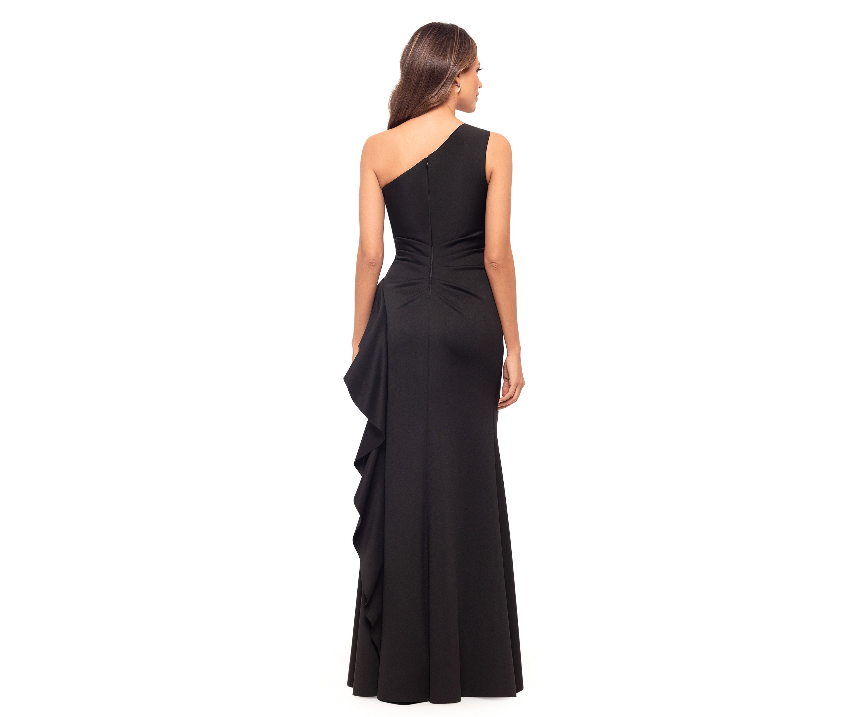Womens One Shoulder Side Ruffle Gown 