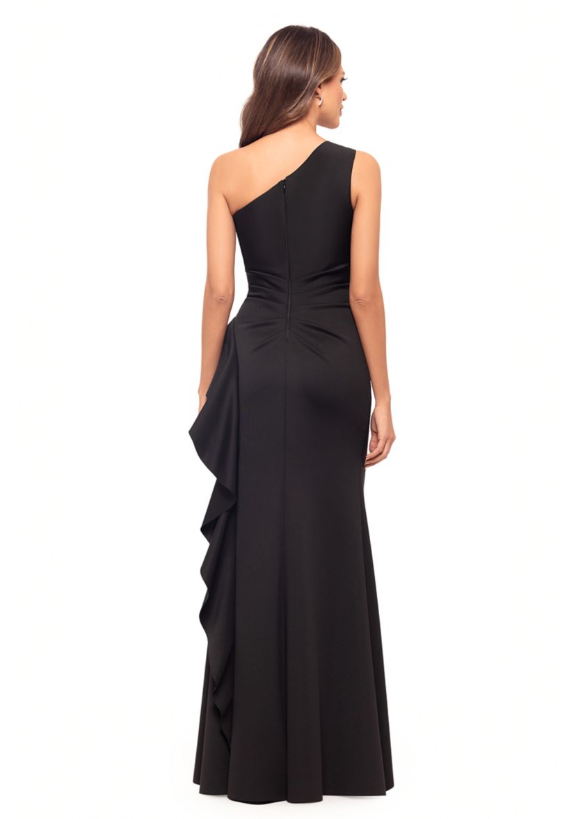 Womens One Shoulder Side Ruffle Gown 