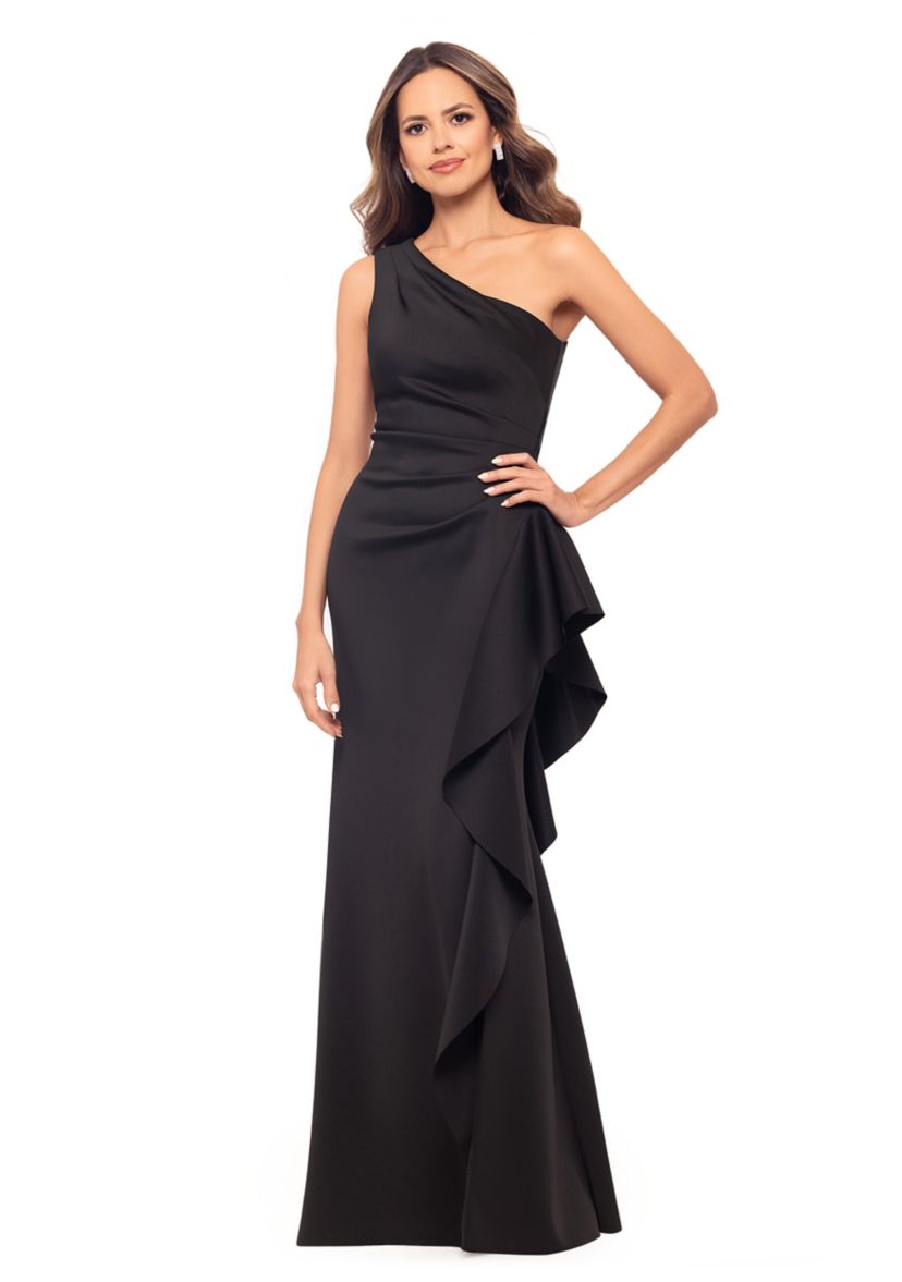 Womens One Shoulder Side Ruffle Gown 