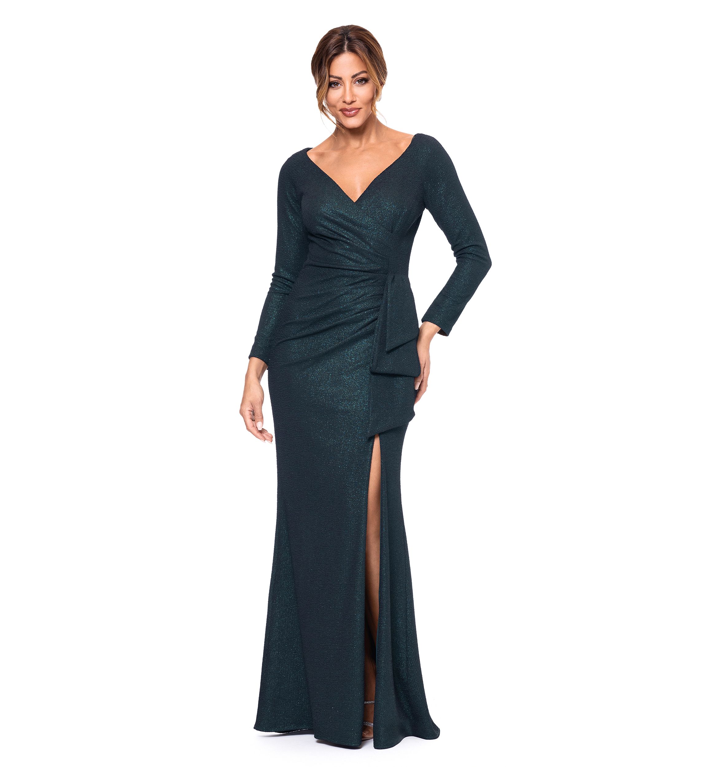 Womens Solid Side Wrap Ruched Gown