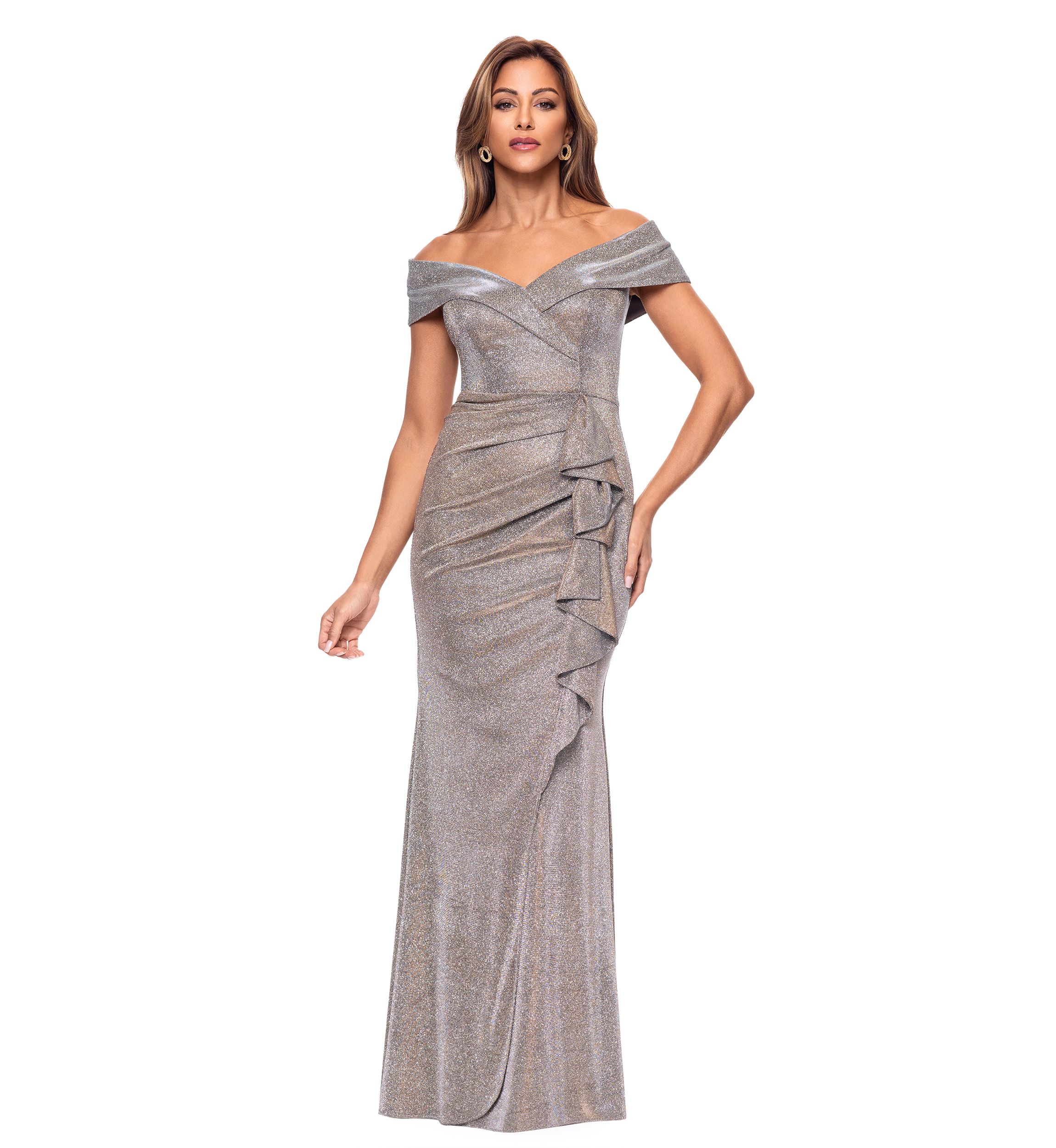 Womens Sleeveless Off the Shoulder Side Ruffle Gown 