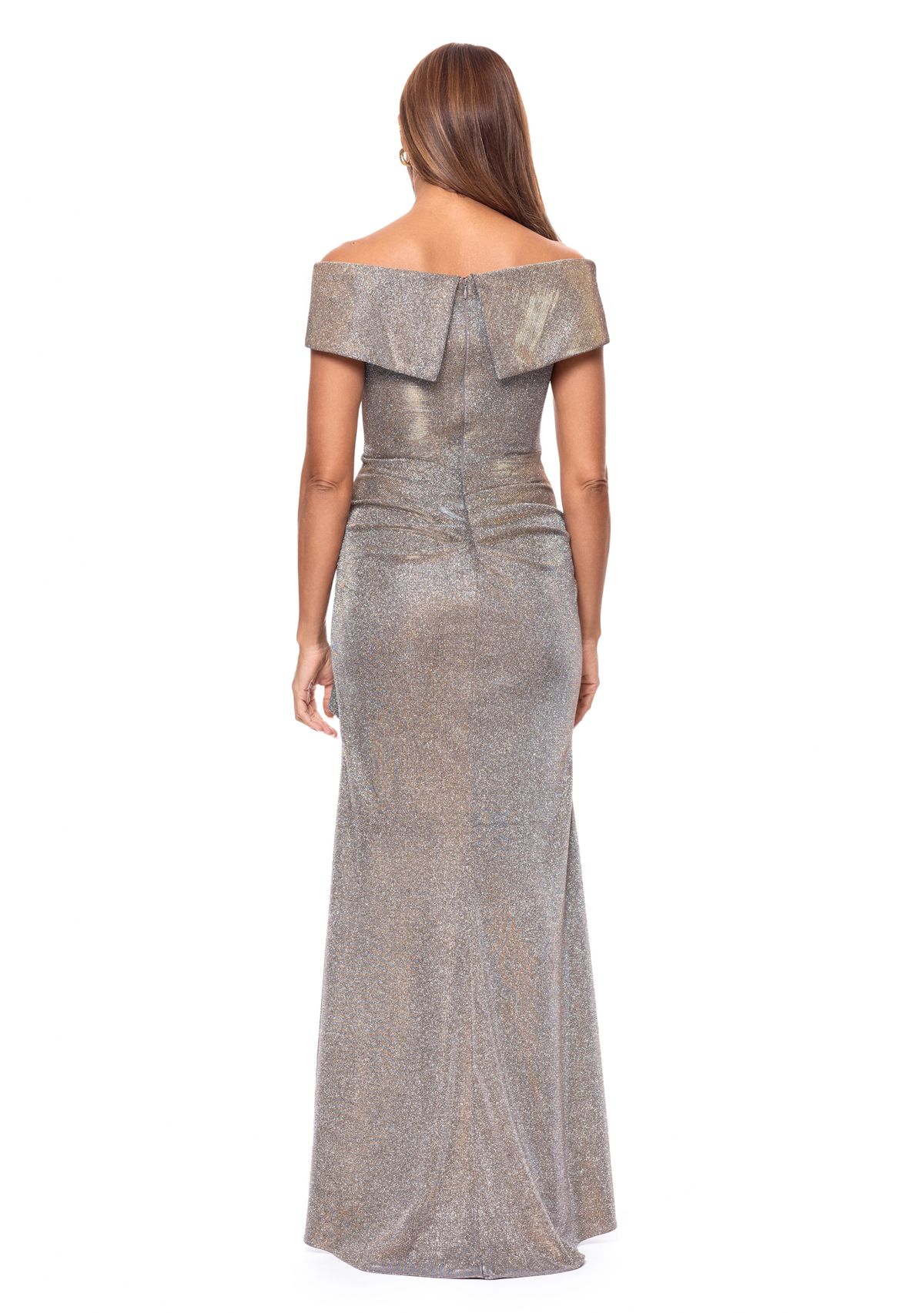 Womens Sleeveless Off the Shoulder Side Ruffle Gown 