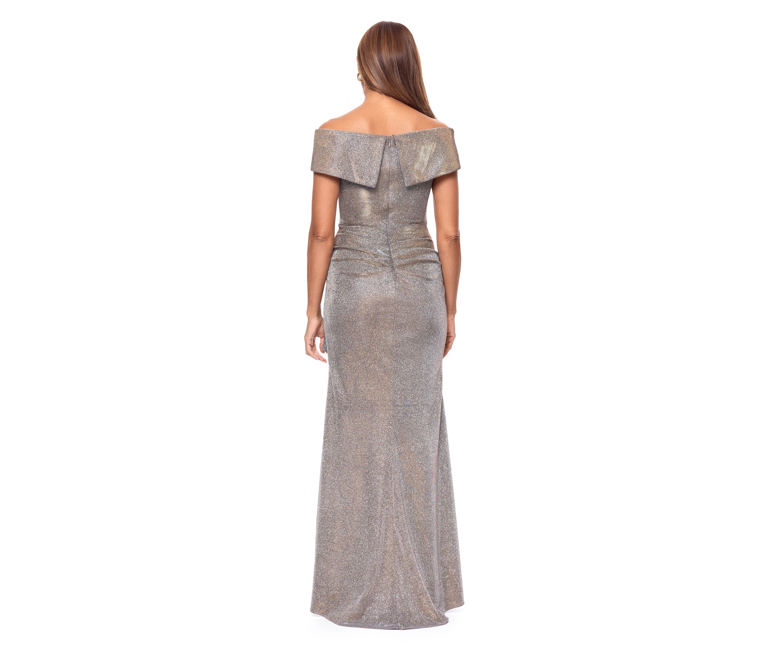 Womens Sleeveless Off the Shoulder Side Ruffle Gown 