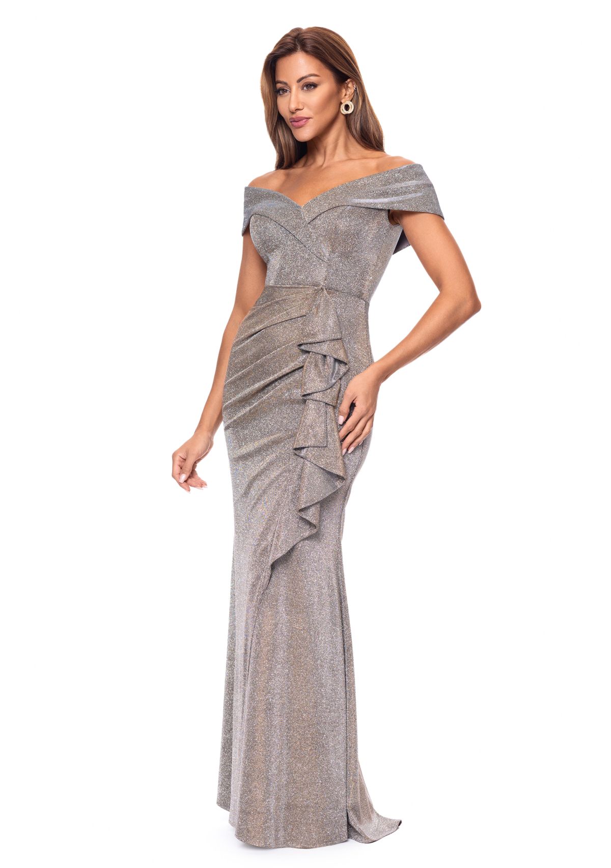 Womens Sleeveless Off the Shoulder Side Ruffle Gown 