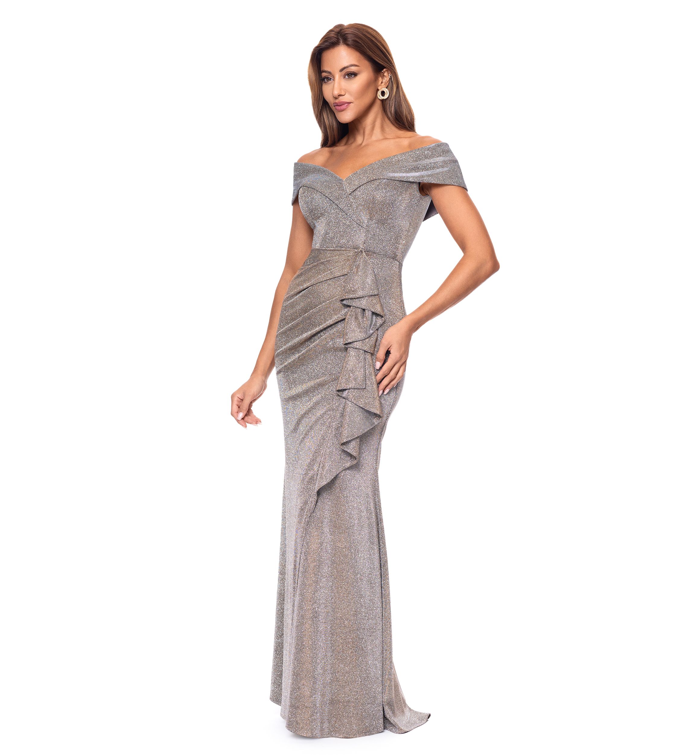Womens Sleeveless Off the Shoulder Side Ruffle Gown 