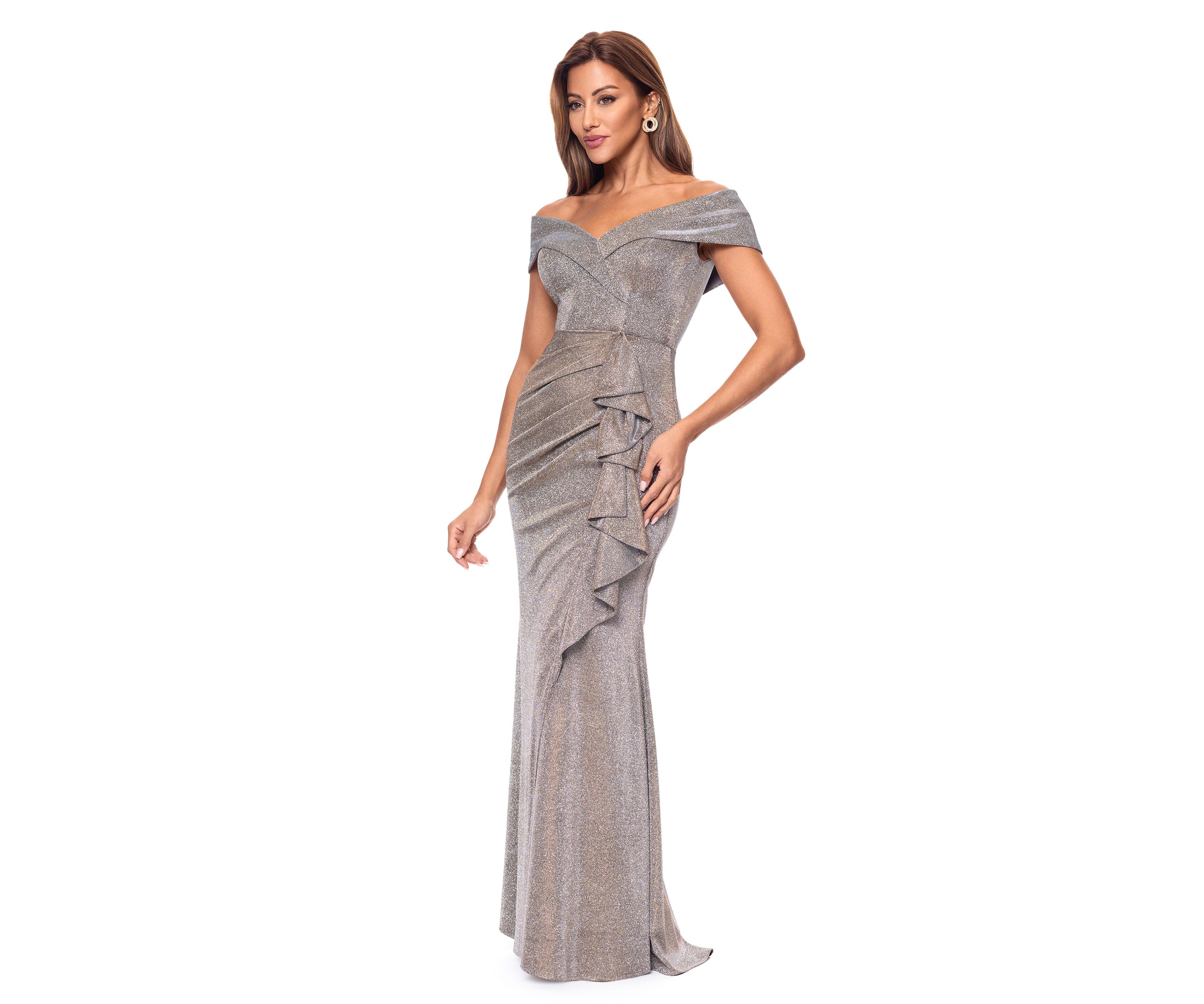 Womens Sleeveless Off the Shoulder Side Ruffle Gown 