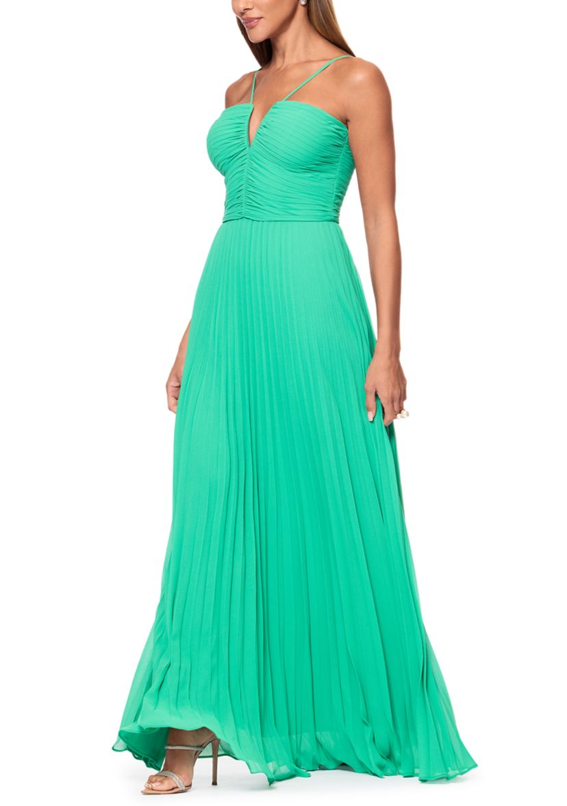 xscape pleated dress XSCAPE Black Teal Floral Pleated Maxi Gown Mock Neck Cutout Formal Dress 6  NWT