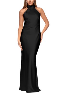 Xscape Women's Satin Tie Neck Gown, Black, 10