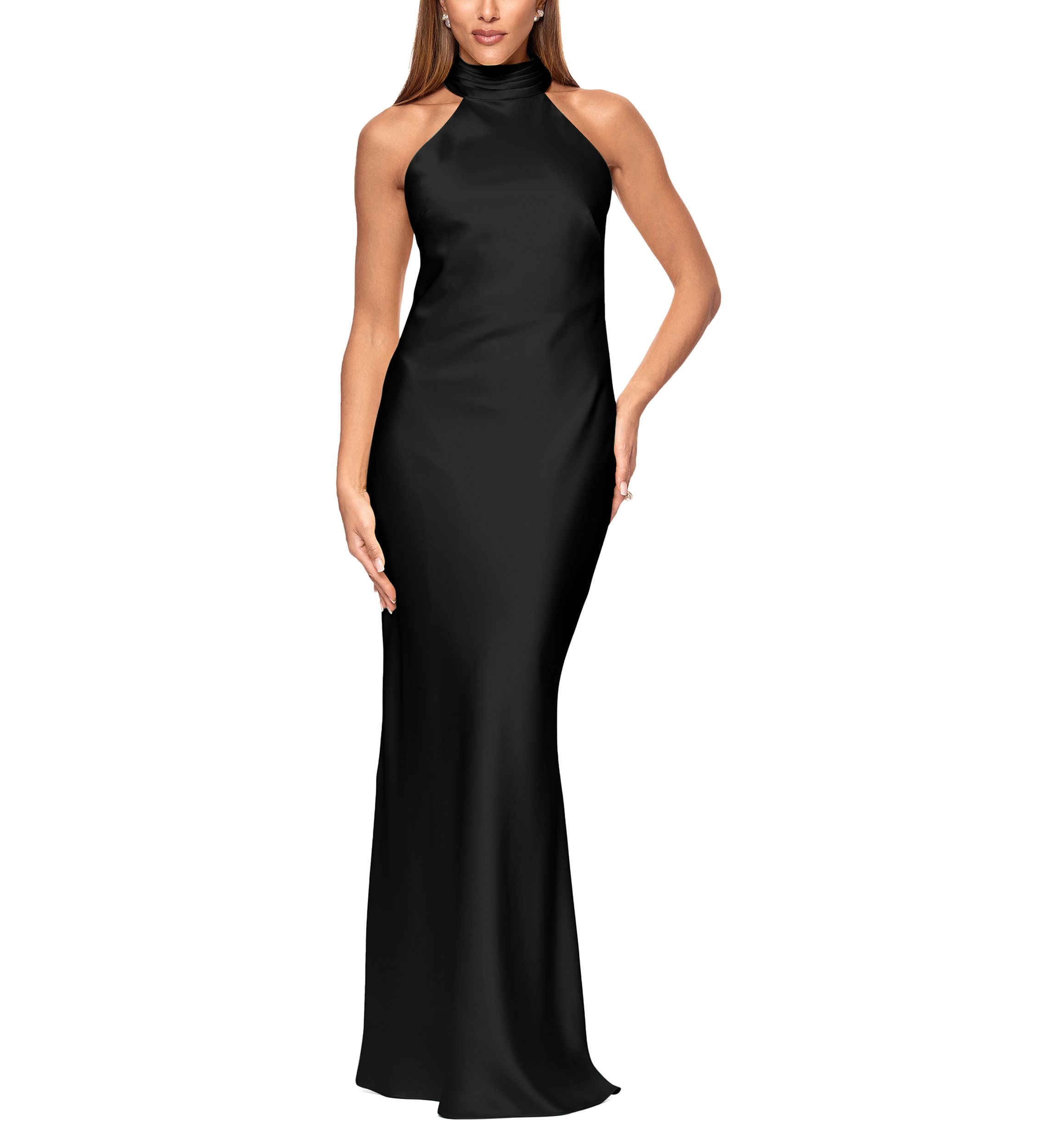 Womens Satin Tie Neck Gown