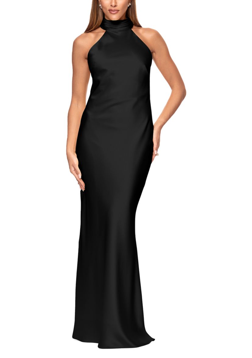 Womens Satin Tie Neck Gown
