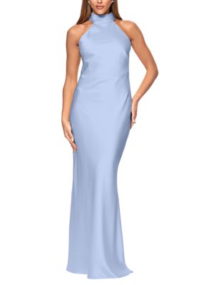 Xscape Women's Satin Tie Neck Gown, Light Blue, 14