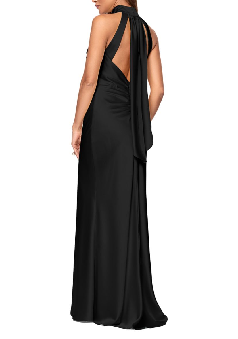 Womens Satin Tie Neck Gown