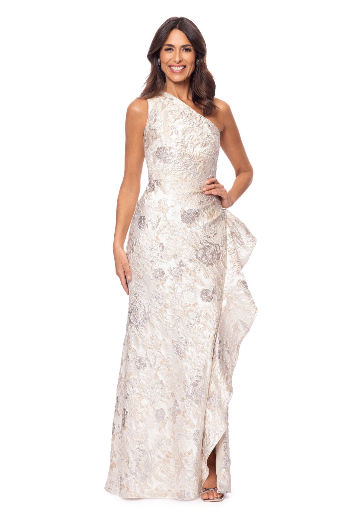 Womens Asymmetrical Sequin Side Ruffle Gown