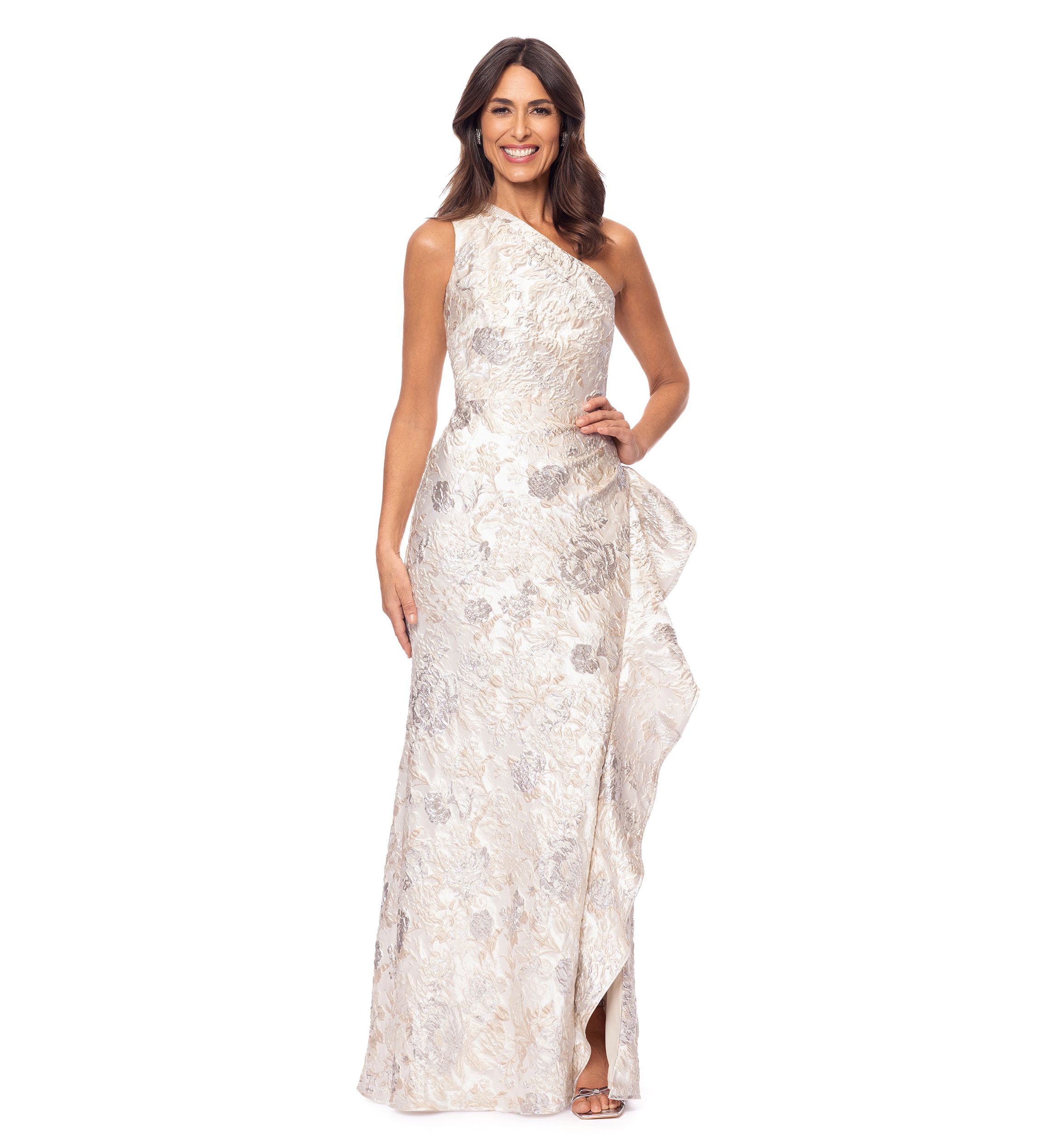 Womens Asymmetrical Sequin Side Ruffle Gown