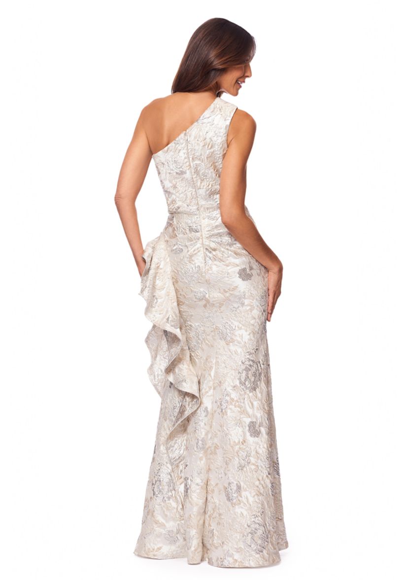 Womens Asymmetrical Sequin Side Ruffle Gown