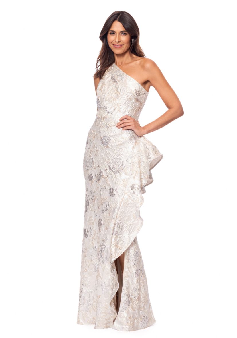 Womens Asymmetrical Sequin Side Ruffle Gown