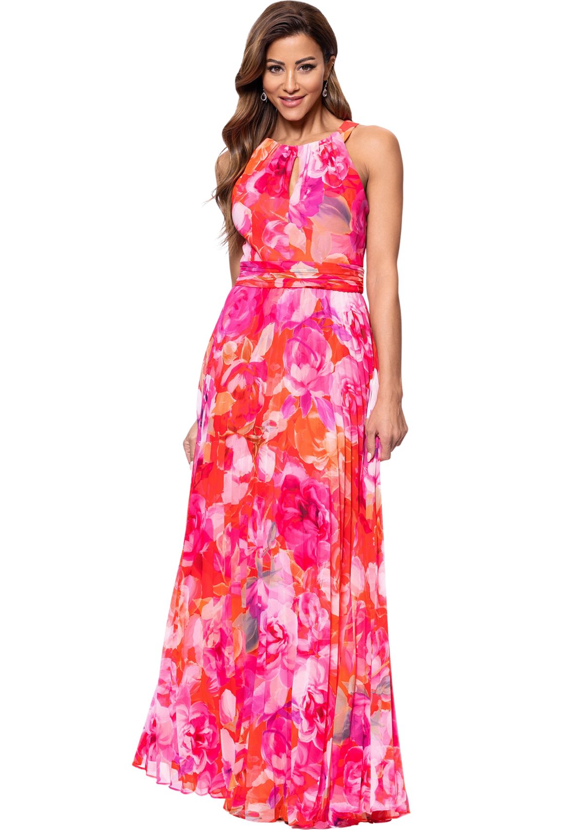 Womens Halter Neck Floral Printed Chiffon Gown