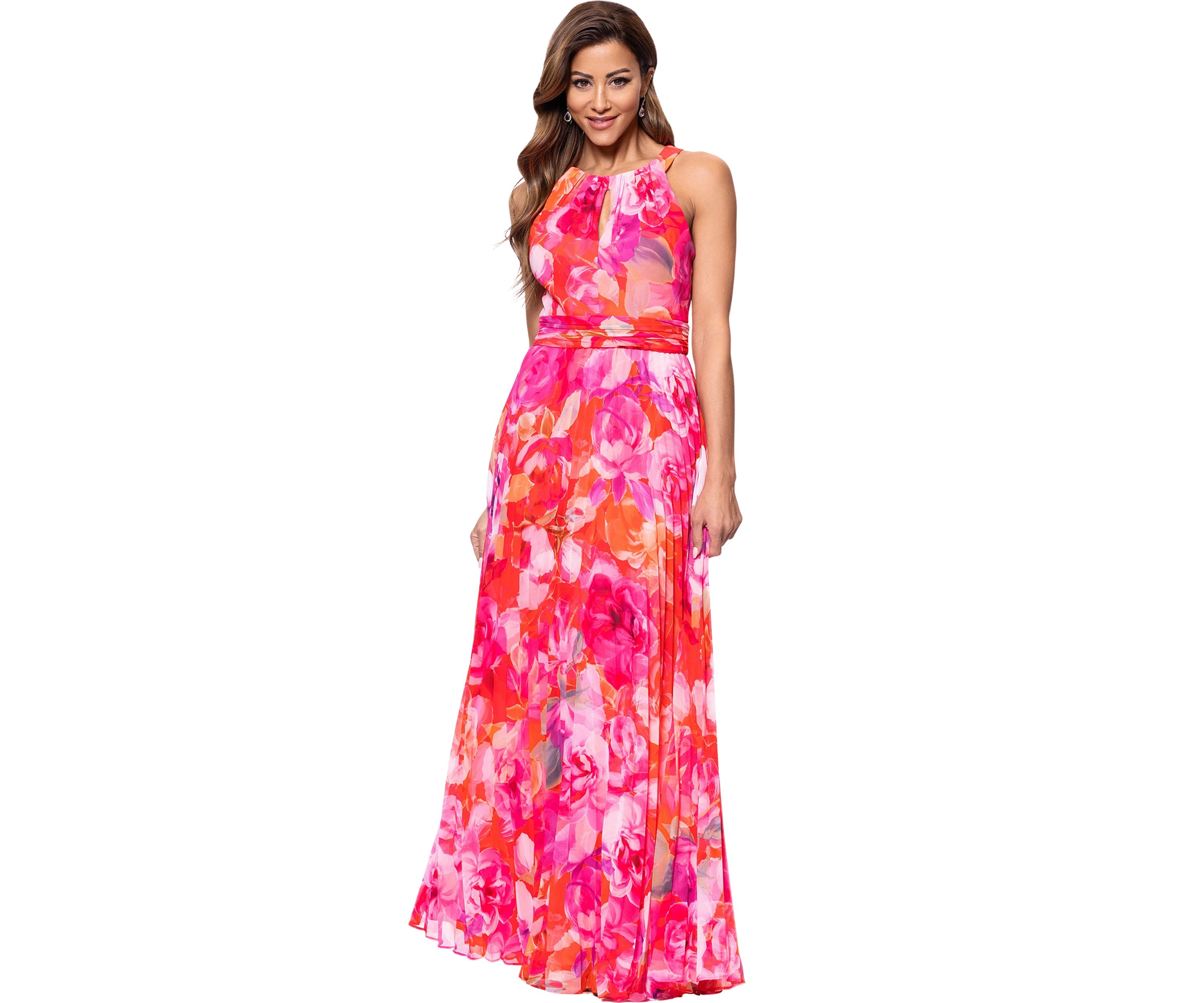 Womens Halter Neck Floral Printed Chiffon Gown
