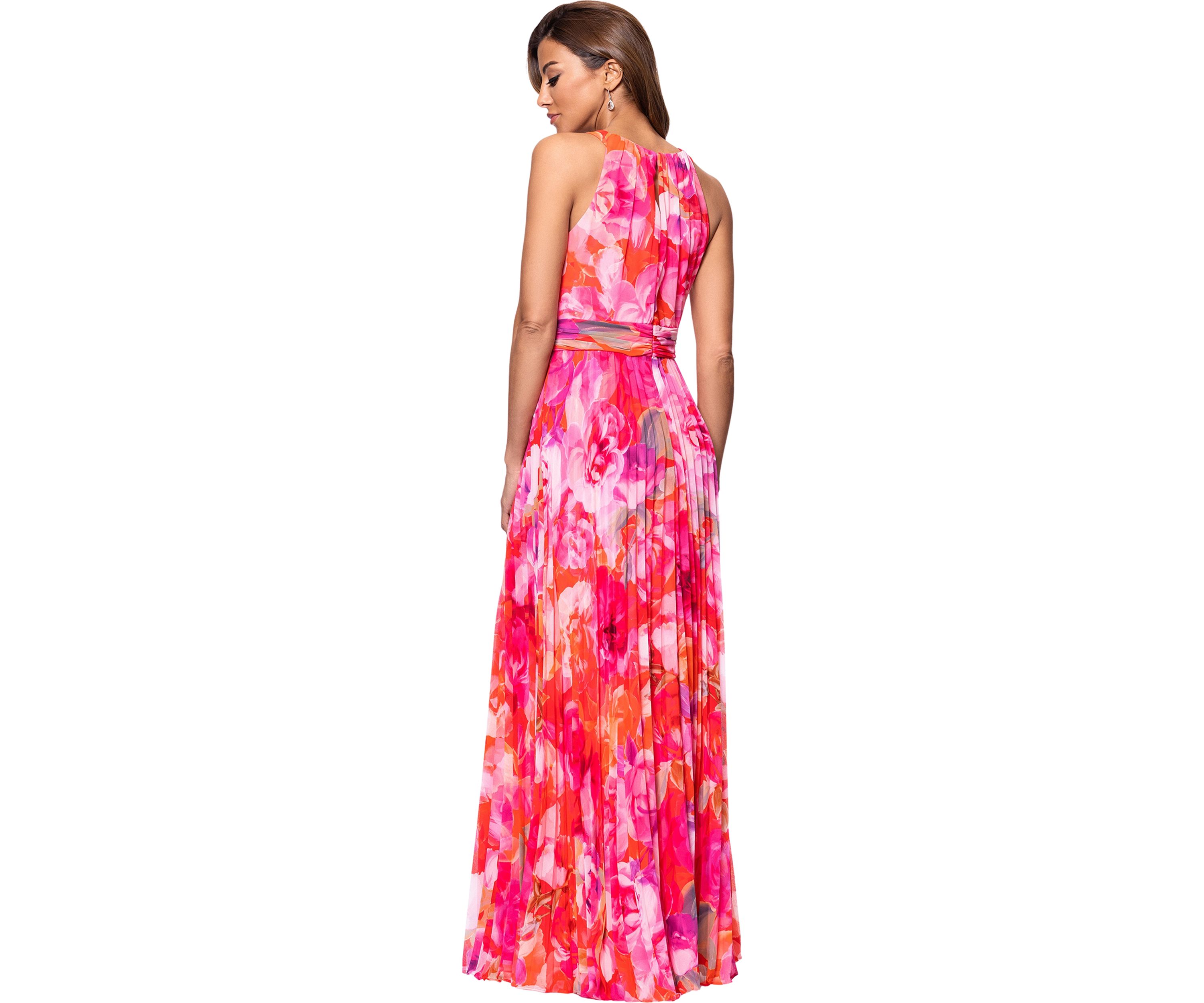 Womens Halter Neck Floral Printed Chiffon Gown