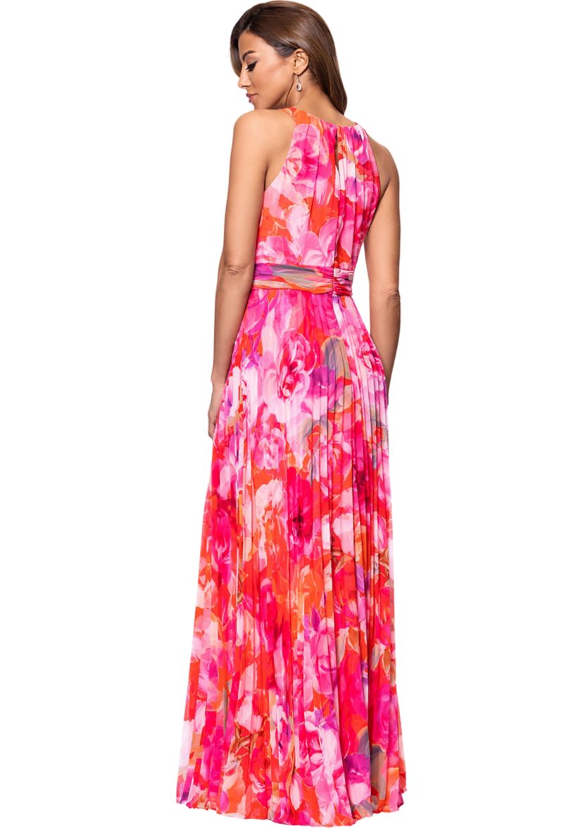 Womens Halter Neck Floral Printed Chiffon Gown