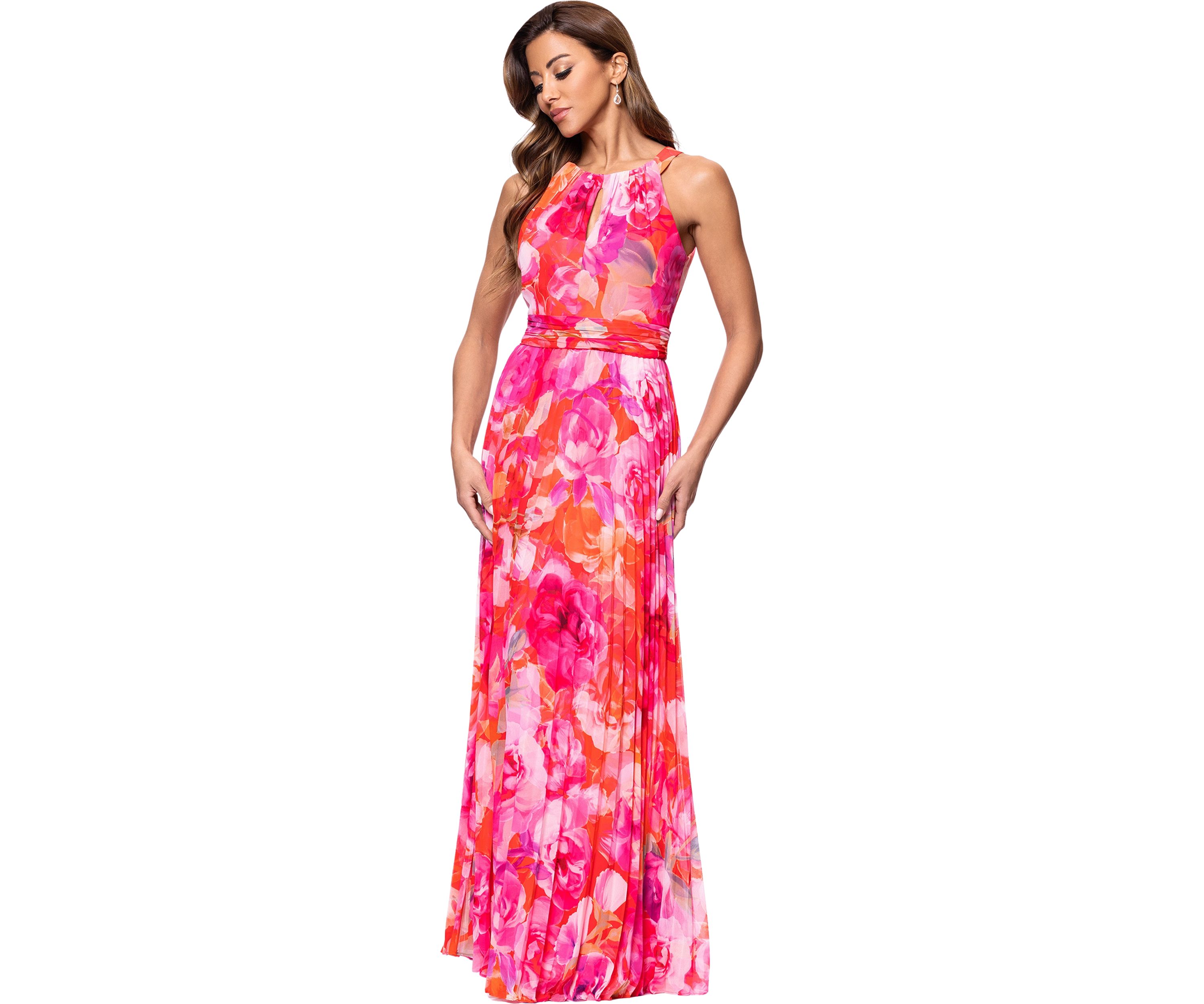 Womens Halter Neck Floral Printed Chiffon Gown