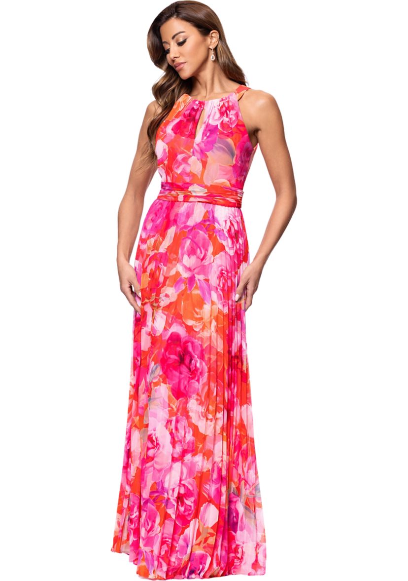 Womens Halter Neck Floral Printed Chiffon Gown
