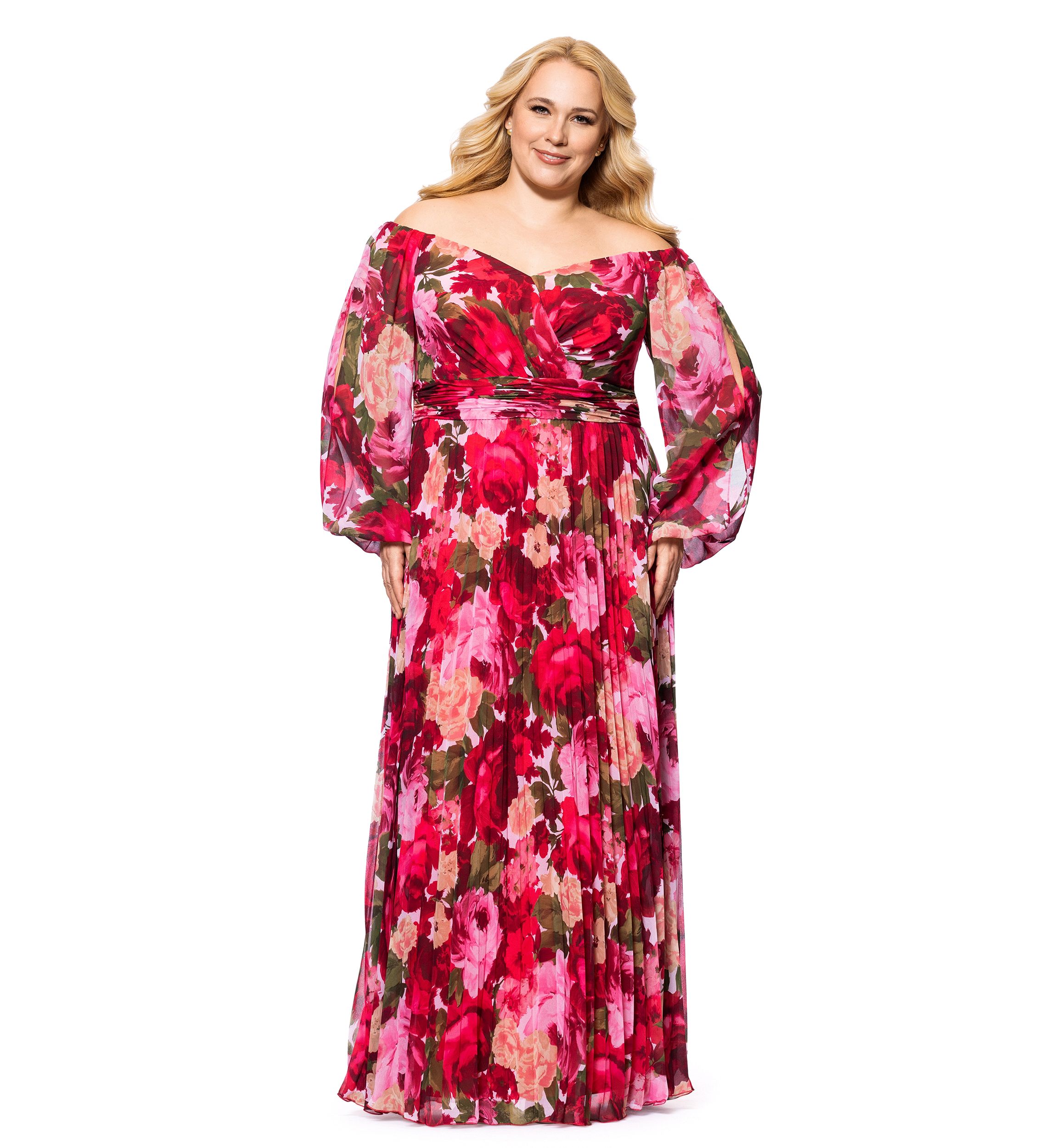 Plus Size Floral Printed Pleated Gown