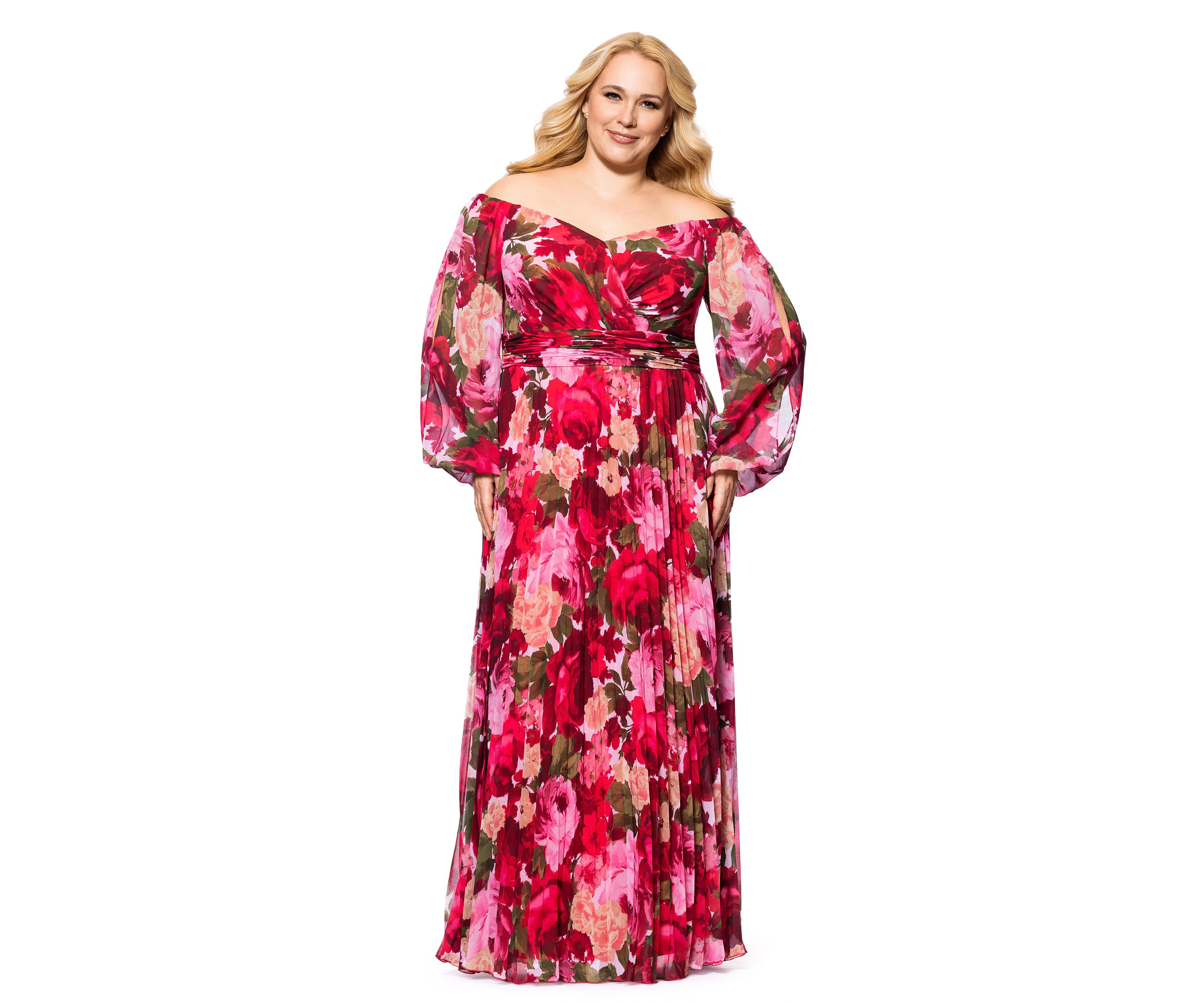 Plus Size Floral Printed Pleated Gown