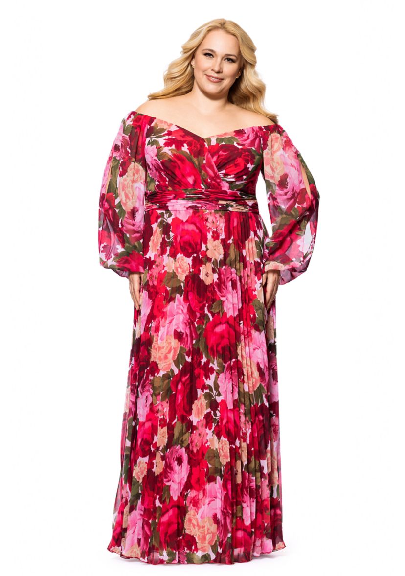 Plus Size Floral Printed Pleated Gown