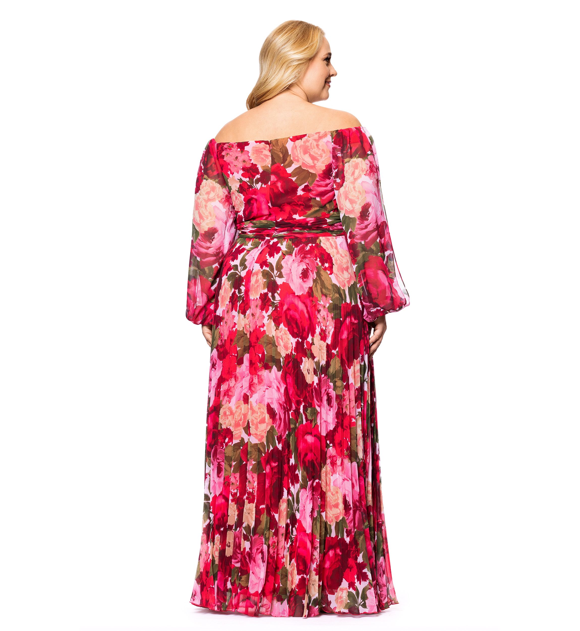 Plus Size Floral Printed Pleated Gown