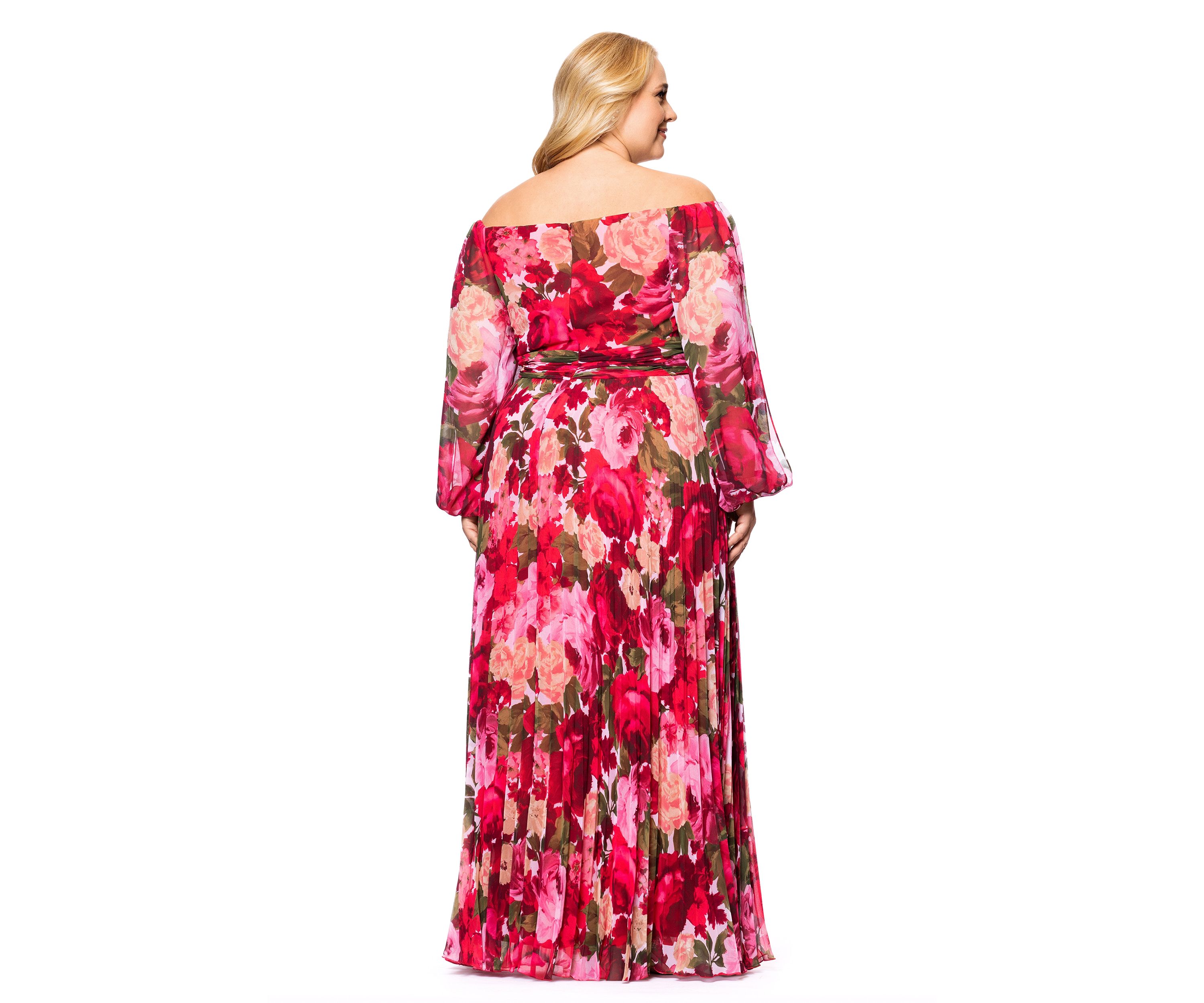Plus Size Floral Printed Pleated Gown