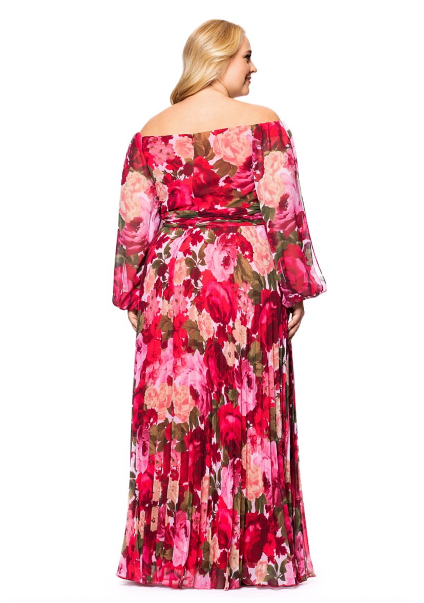 Plus Size Floral Printed Pleated Gown