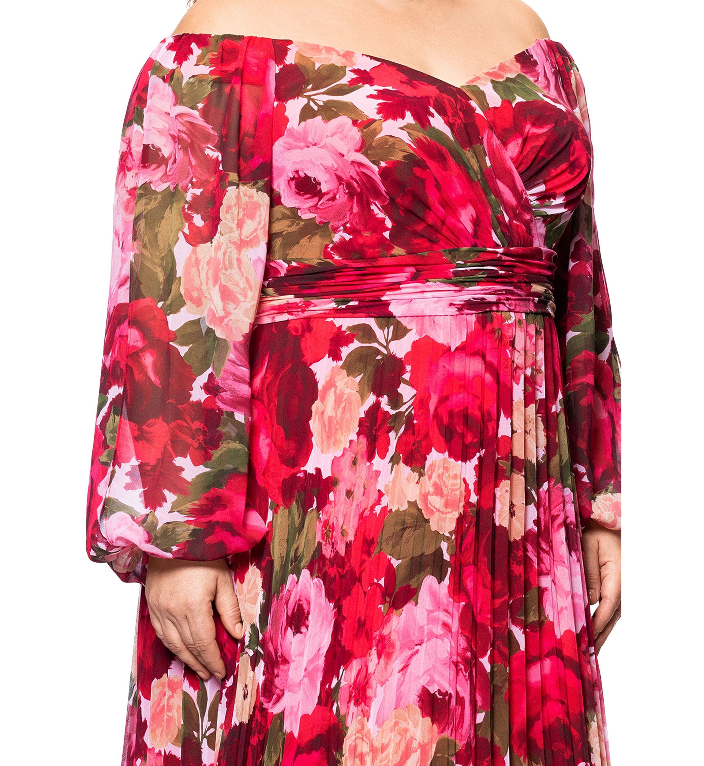Plus Size Floral Printed Pleated Gown