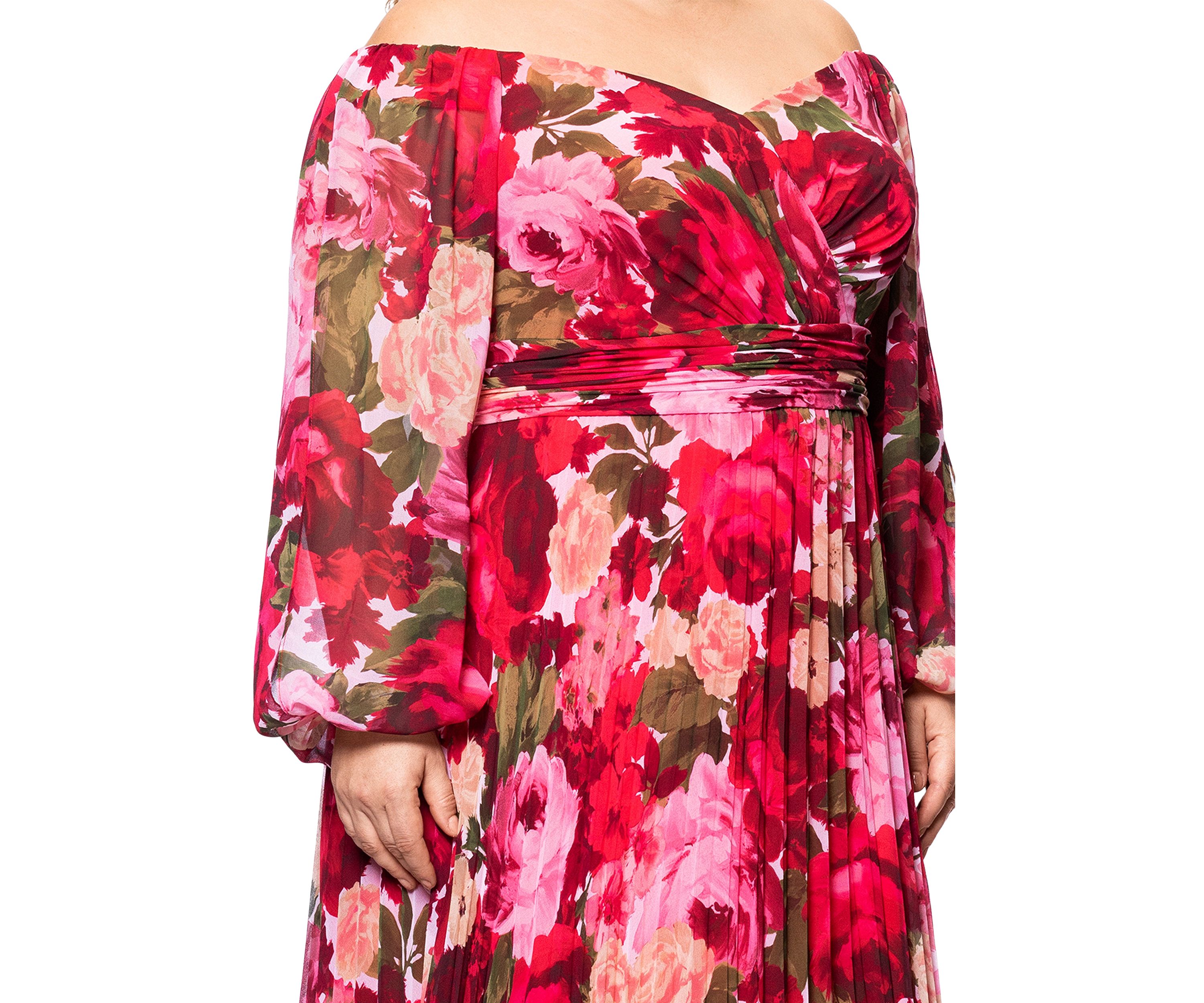 Plus Size Floral Printed Pleated Gown