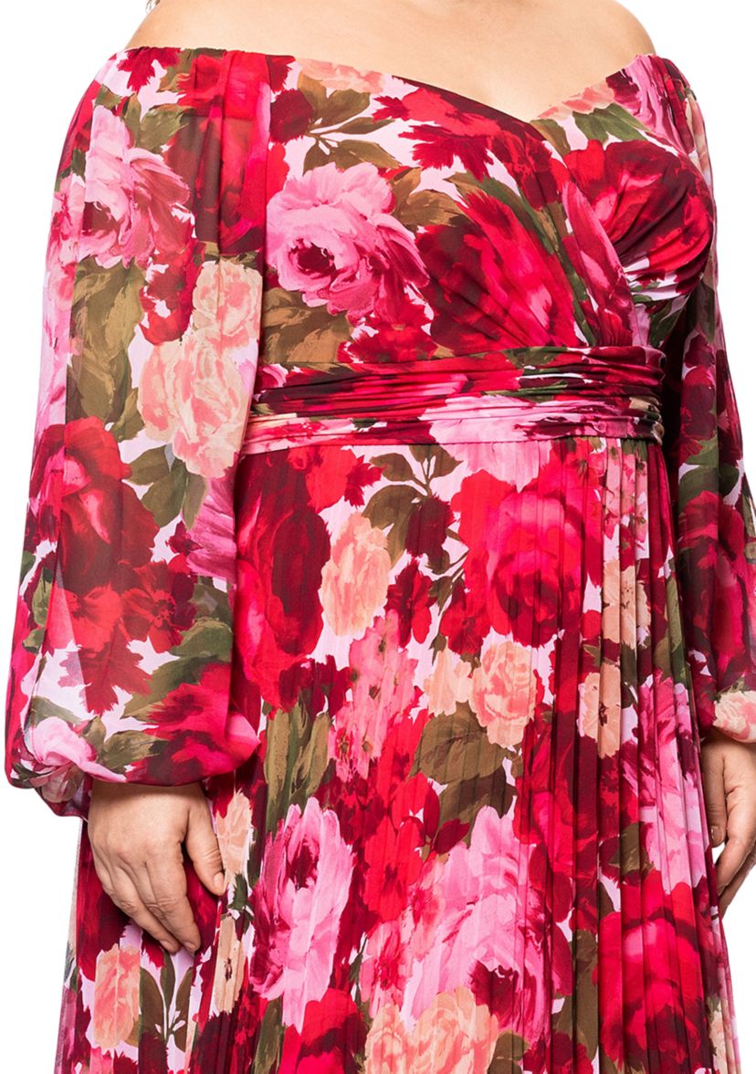 Plus Size Floral Printed Pleated Gown