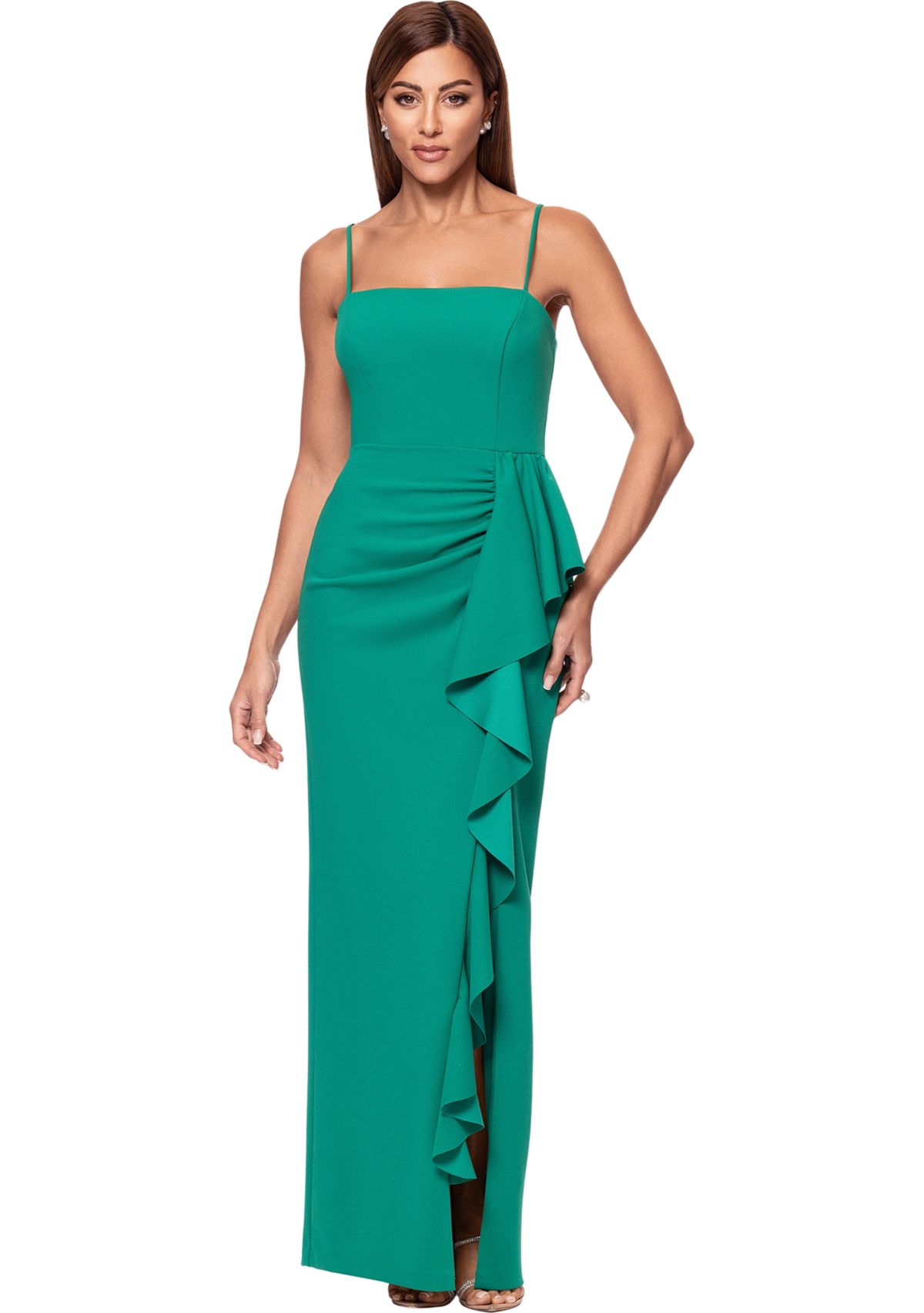 Womens Sleeveless Square Neck Ruffled Gown 