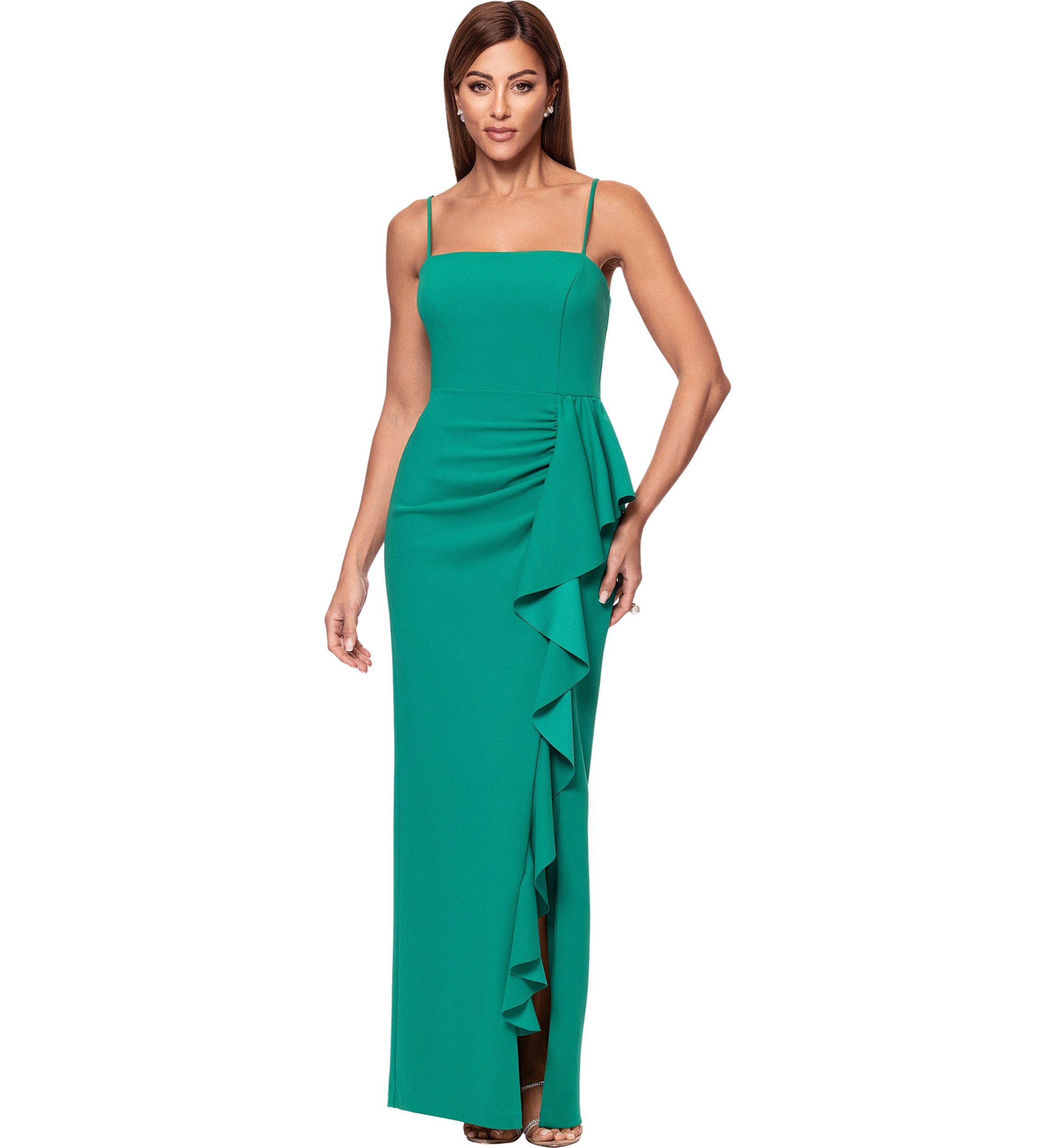 Womens Sleeveless Square Neck Ruffled Gown 