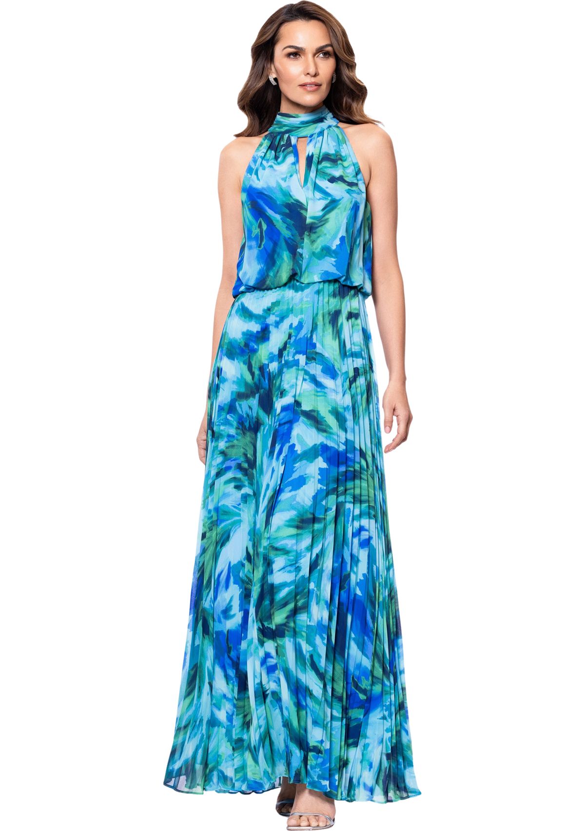 Womens Halter Neck Floral Printed Chiffon Gown